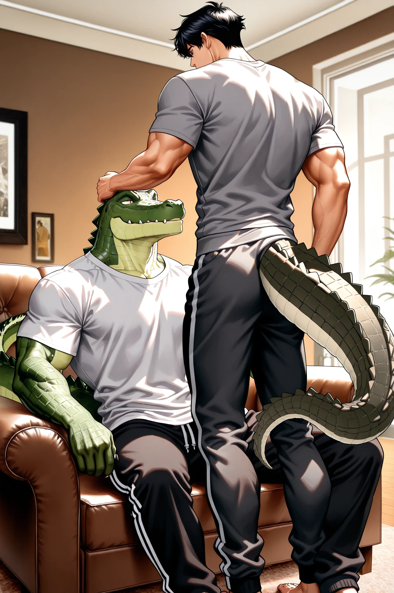 (multiple characters, two characters:1) (Alligator, scalie, anthro, 4 fingers, yellow eyes, shirtless, naked, , male, muscular, muscular anthro, muscular male, nipples, tail, erection, genitals, humanoid genitalia, balls, locker room, towel on ground, green body, green scales, scales, duo, dark lighting, lighting on biceps, evil smirk expression, detailed background, by bogexboog,by zixiong,by milkytiger1145,by takemoto arashi, hi res,) (wolf, anthro, white fur, fully tail, blush, scared expression, 4 fingers, blue eyes, shirtless, male, slim, slim anthro, slim male, nipples, shirtless, wearing shorts, tail, at a wall) (Alligator touching Wolf's pecs) (Alligator pushing Wolf to a wall) (Alligator bigger than wolf size difference) (Both characters looking at each other) (Alligator touching Wolf's bulge)