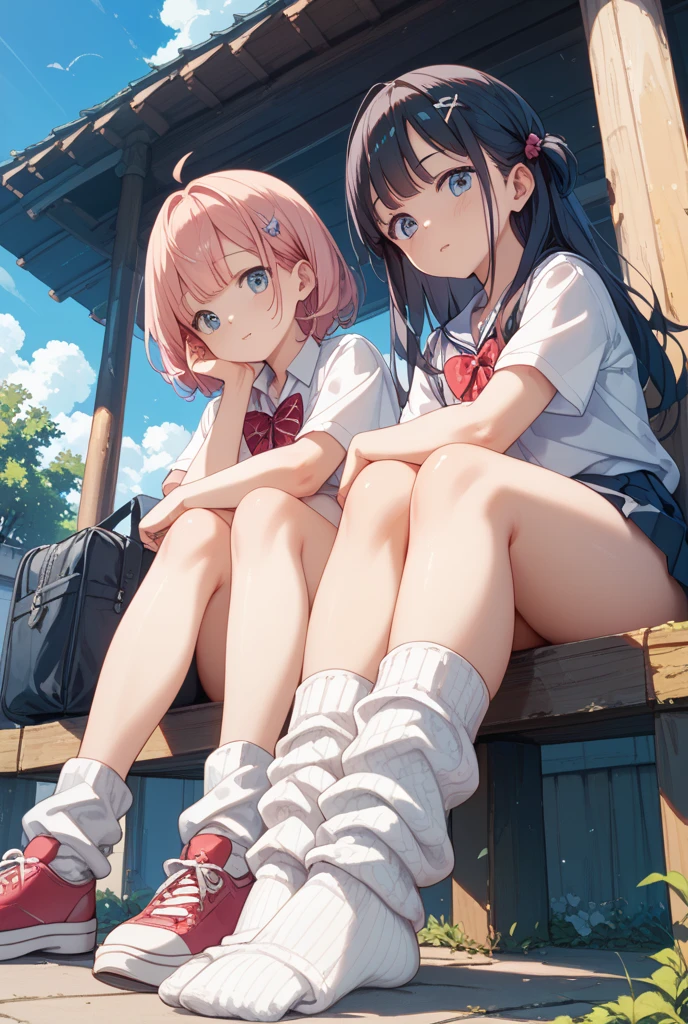 Two beautiful 15 year old Japanese schoolgirls squatting, Her white panties are visible, My pants are wet with pee, Horny Face (Browsing Caution:1.2)