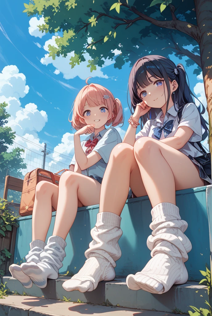 Highest quality, Ultra-high resolution, (Realistic: )2D official style cel animation,((２Girls sitting in a row))Primary school students、brown、ponytail、White Big Ribbon、Glasses、Blue Check Mini Skirt,Summer Shirts,Unbutton、(Lace panties),loose socks,sneakers,Full body portrait,(From below),Station stairs,sunny,Spread your legs、from the front、blush、shut up、