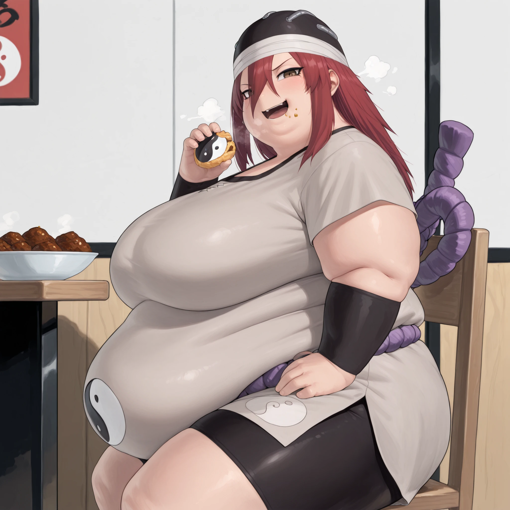 masterpiece, best quality, crsdrrm, red hair, long bangs, hair between eyes, long hair, black eyeliner, brown eyes, black hat, bandaged head, grey tunic, shimenawa, bracer, bike shorts, short sleeves, hat ornament, yin yang print, 1girl, solo, indoor,restaurant, eating food, in front of tones of food, chair, table, sitting, pov belly, looking at viewer, smug, fat, chubby, obese, gigantic arms and legs, large breasts open mouth, out of breath, from side, side view,