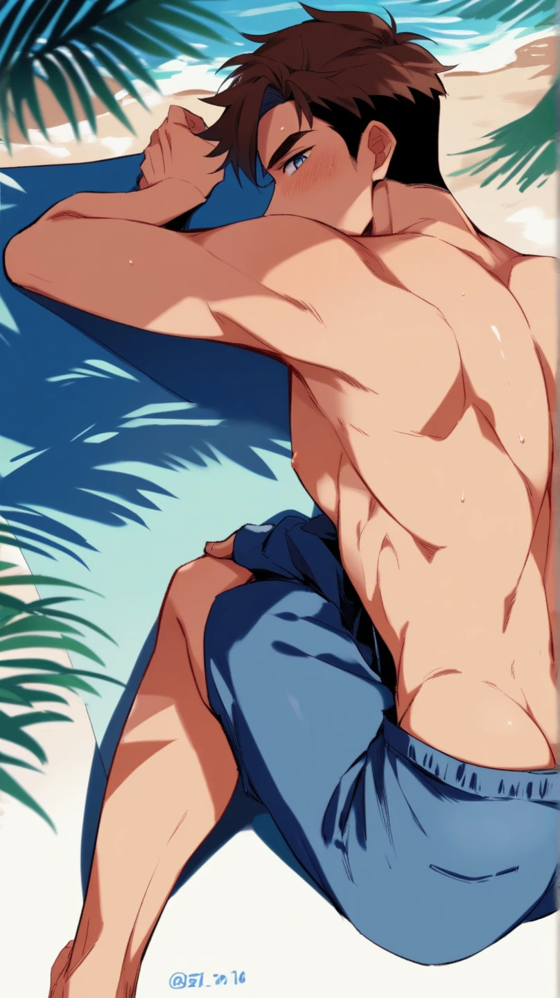 1boy, 1solo, black hair, short hair, brown eyes, hair between eyes, ash ketchum, beach shorts, unabuttoned light blue shirt, shirtless, undressing, he's pulling his shorts down showing his crotch