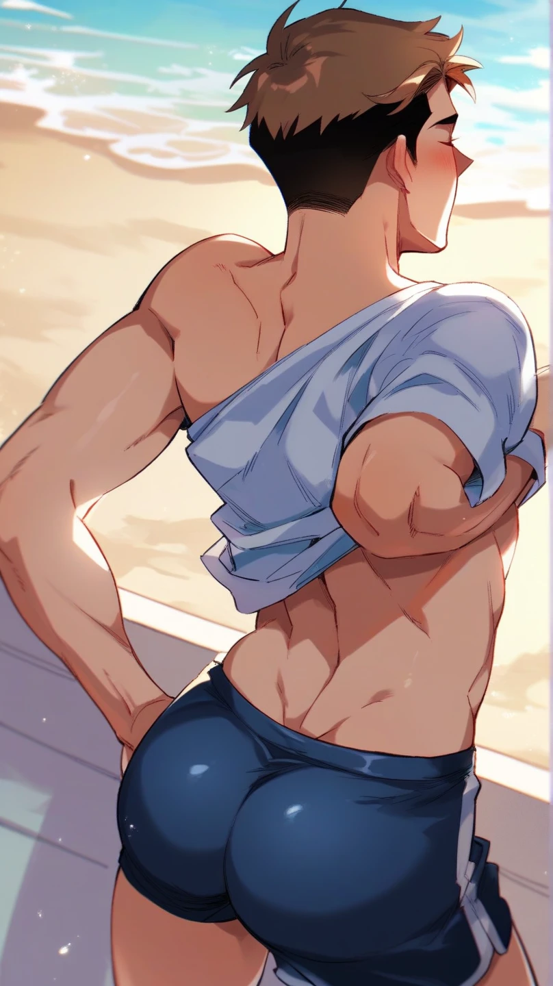 Shiny skin, Red skin, rosy skin, bright red skin, the boy blushed shyly, red face (muscular thigh muscles )(Naruto anime style, art) (photo angle from bottom up) (photo angle from the ground upwards) [Anime photo][highest quality photo][4k,HD photo quality ] wear tight and short loincloths ,the loincloth bulges due to the erect male genitals (muscular thigh muscles, firm thigh muscles, muscular thigh muscles, sinewy thigh muscles, giant thigh muscles, strong leg muscles, muscular hamstring leg muscles)(thigh muscles bulging as if about to explode, muscular, calloused, sinewy, giant) , Rudeus Greyrat, shy, pensive, tired,boy is tightening his abdominal muscles, bodybuilder,bodybuilding, standing, lots of sweat flowing down, topless, shirtless, hot sunny, 8 pack abs , short hair , green eyes