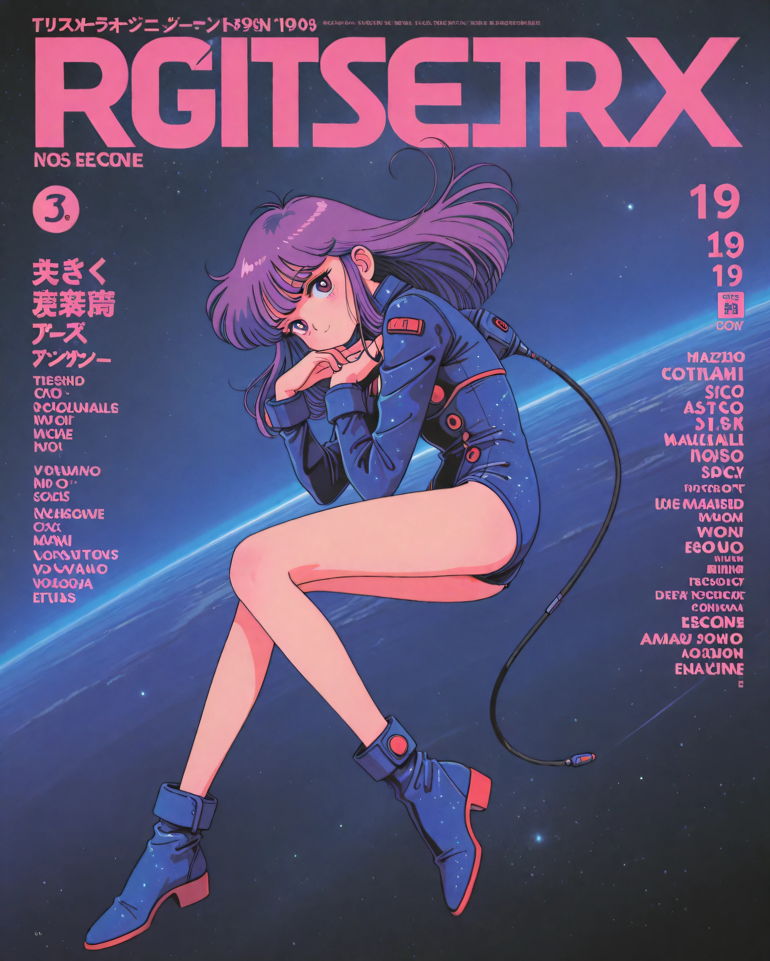 (masterpiece), Highest quality, Expressive eyes, Neon pastel aesthetics, Retro 90s, Neon color,((Girl sitting on sofa,In a cozy room,Records hanging on her wall, Comic books on the floor, Looking out the window behind her at the night city, Upholstered room, Anime figures lined up on a shelf)), Wearing headphones, (All around her it sparkles), (Wearing high socks and heels), (blue eyes), (Soft look), (Synthwave Art Style), Colorful Hair, Desk with PC set up