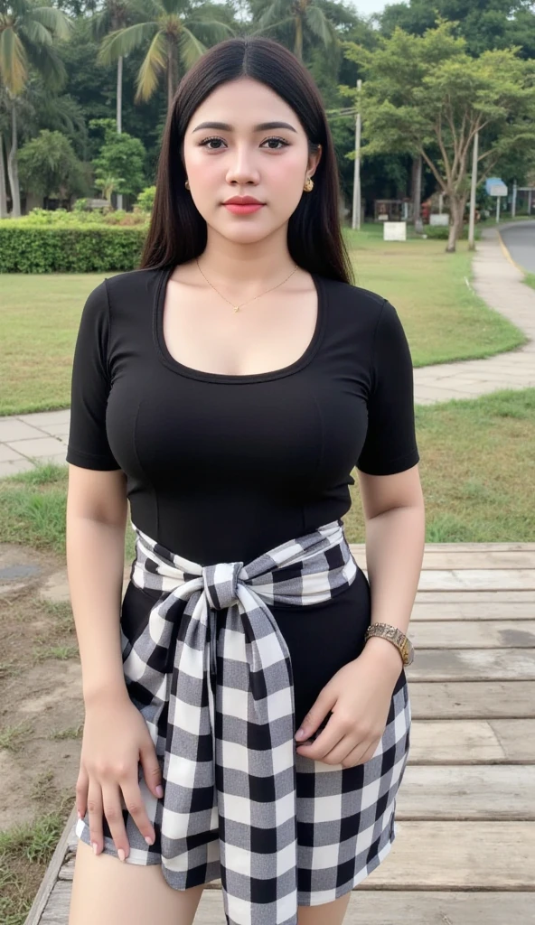 1girl, (Indonesian_high_school_uniform), distance from audience, detailed face, detailed eyes, thick huge breasts, detailed skin, looking at Viewer, clear light, (8k, RAW photo, best quality, masterpiece: 1.4), (realistic, realistic: 1.37), ultra-high resolution, photorealistic, high resolution, solo, wide muscular hips, realistic face, (detailed face), sexy pose, black hair Color, view from below, (busty), clean armpit, six pack belly, large breasts, full body angle, 19-years-old-girl, perfect thighs, muscular thighs, muscular arms, standing in the middle of park, wearing sexy short skirt, wearing tight closed-button shirt, asian goddess, long hair, straight hairstyle, muscular belly, thick wide muscular hips, muscular arm, full body view, curvy body, tall body, smooth body, smooth legs, smooth skin