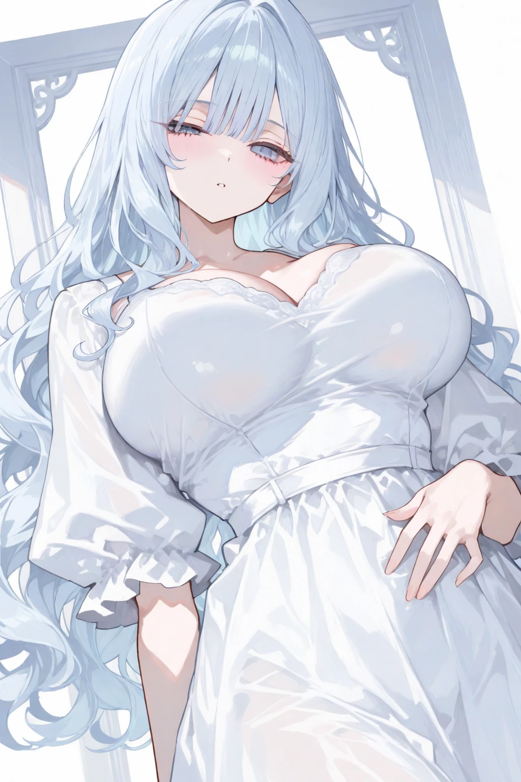 (muste piece), (best quality), (score_9, score_8_up, score_7_up), very detailed eyes, expressive eyes, perfect face, very detailed face, highly detailed face, beautiful girl, 8K, beautiful girl, (white background:1.3), delicate and beautiful face and eyes, dark intense shadow, 1 girl, solo, vtuber style, cool girl, hololive, vtuber, Shishiro Botan, silver hair, long hair, silver eyes, lion ears, ear piercing, lion tail, see-through:bride, bridal veil, bridal gauntlets, wedding dress, bridal garter, bridal legwear, white thighhighs, stiletto heels, big chest, soft chest, cleavage, clavicle, half-closed eyes, (full body), half-closed eyes, smile, sleeping, lying on bed, arm on forehead,