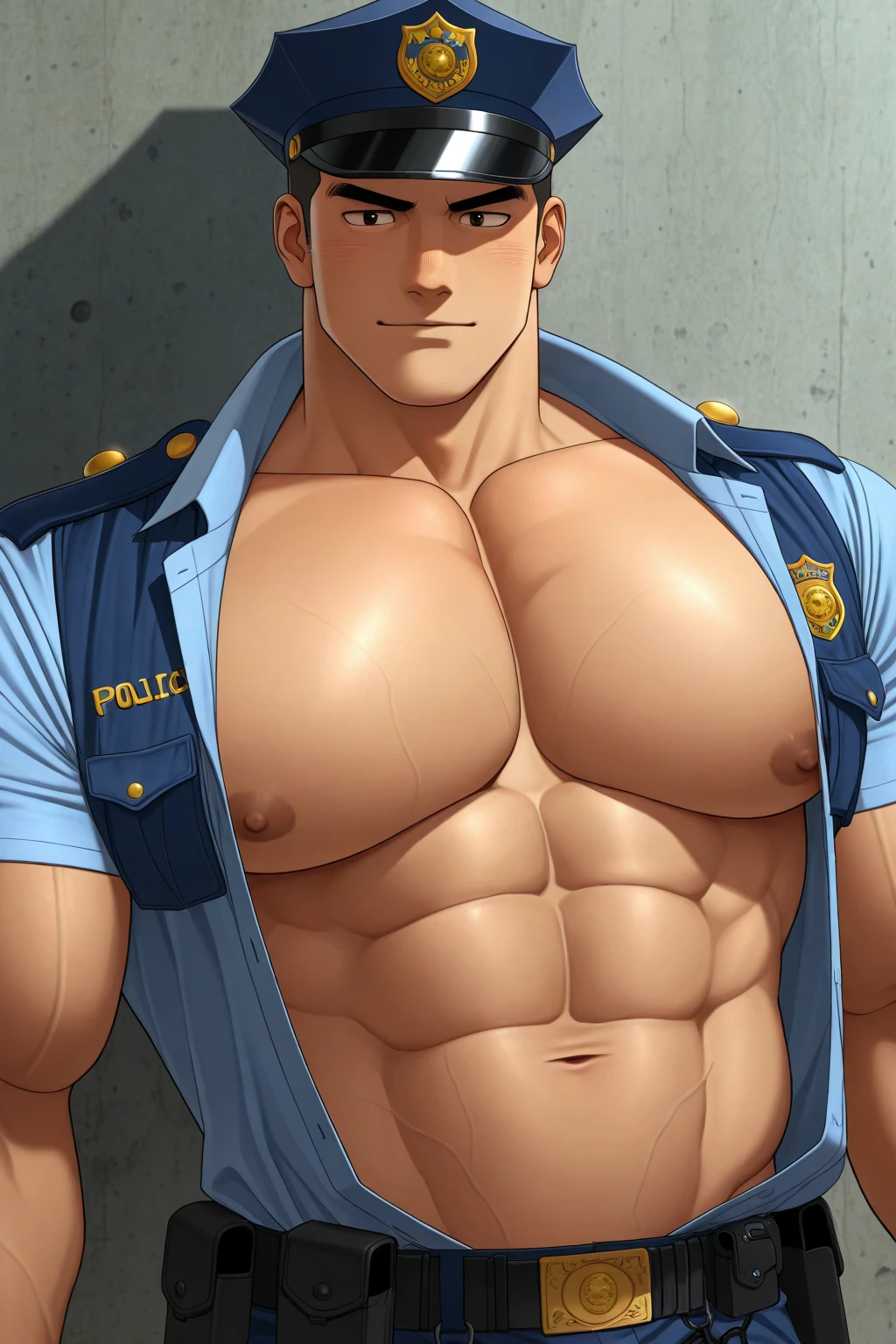 (NSFW: 1.5), (handsome Man sleep on table eating bread ),(crew cut short hair:1.8),black eye,(Wear a fitted round neck t-shirt in navy with a police badge.:1.5),(fit neck),Navy blue jeans,(black_gloves:1.2), Korean guy,chest muscles,large arm muscles,blood vessel,Big muscles,Broad shoulders, (open mouth:1.2),(face up:1.2),(close eyes:1.5), middle of the road,smile, In the bread shop, ( Cum:1.8), (genital very long: 1.6), genital very Big, (Big testicles), (Erection of the penis: 1.6), ((very big, very long penis)), masturbate, hold your hand on your penis, (semen) , (Cum in bread:1.3)