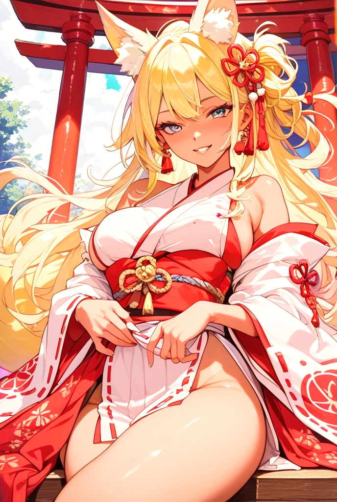 highest quality、Big Breasts、Cleavage、Fox ears、Long blonde、Red Eye、kimono