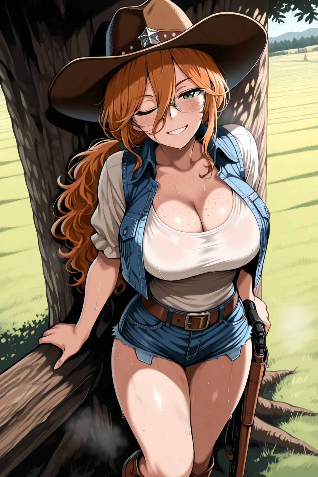 1girl, straw hat, unbuttoned lime green plaid shirt, jeans, farmhouse, orange hair huge breasts, grin, sweat, sweating