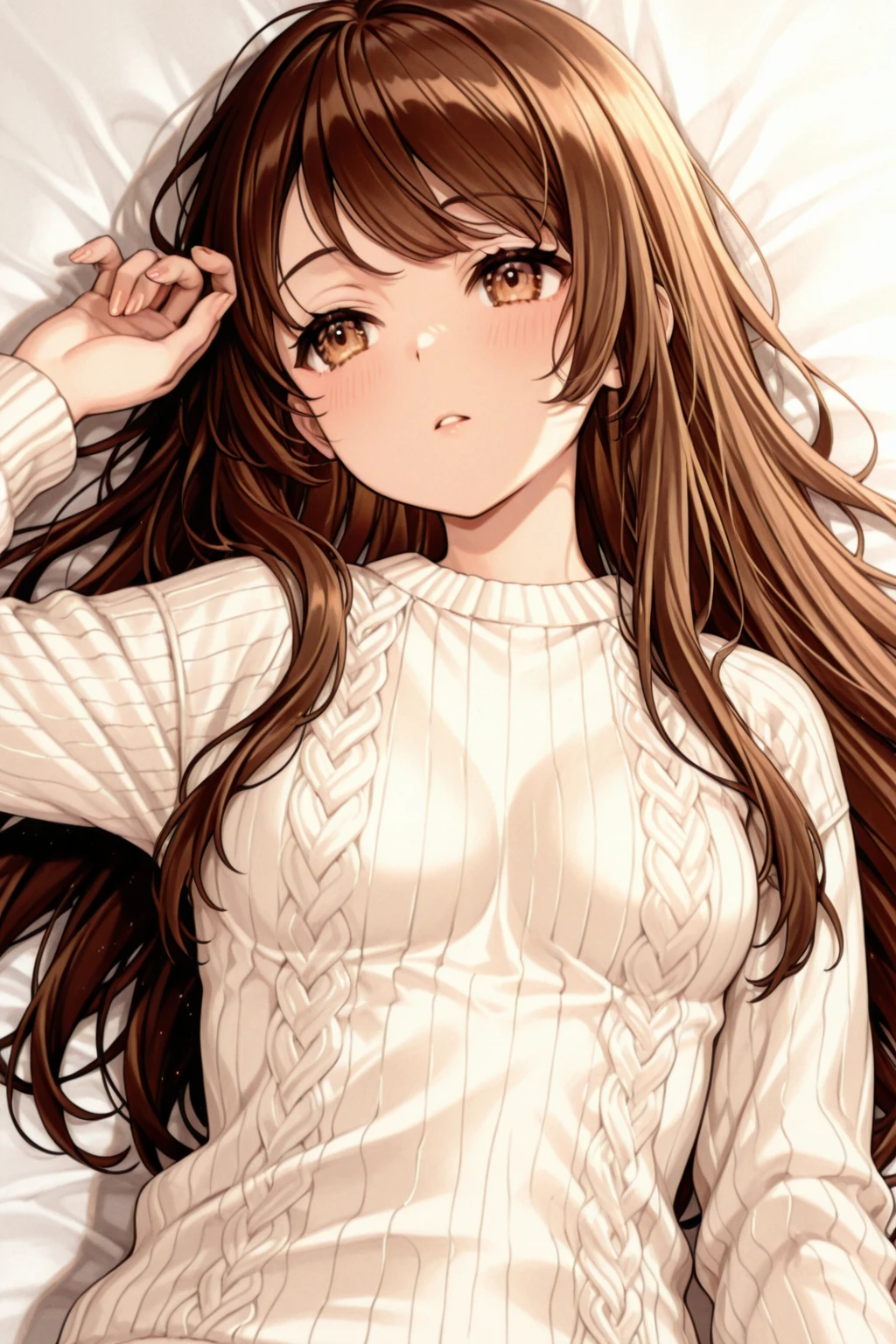 (Tabletop、8K、masterpiece、Highest quality)、((Half Up))、Brown eyes、Brown Hair、Messy semi-long hair、Fluffy hair、Delicate eyes、Adorable, Brown outerwear、Light brown sweater、((Scared))、cry、(missionary, 1boy, penis, lying, vaginale, ass pov, spread legs, Sex, nsfw)、nose blush、steam, Shiny Hair、Very fine and beautiful bright eyes、Very detailed, clear and beautiful face, Awards, Anatomically correct