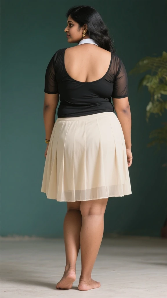 Day scene, A radiant, full-figured South Indian 35 year old aunty a cream colour chiffon mini skirt and black chiffon shirt, standing, in a garden captured in a full-body image with vibrant hues and meticulous details. Full body image