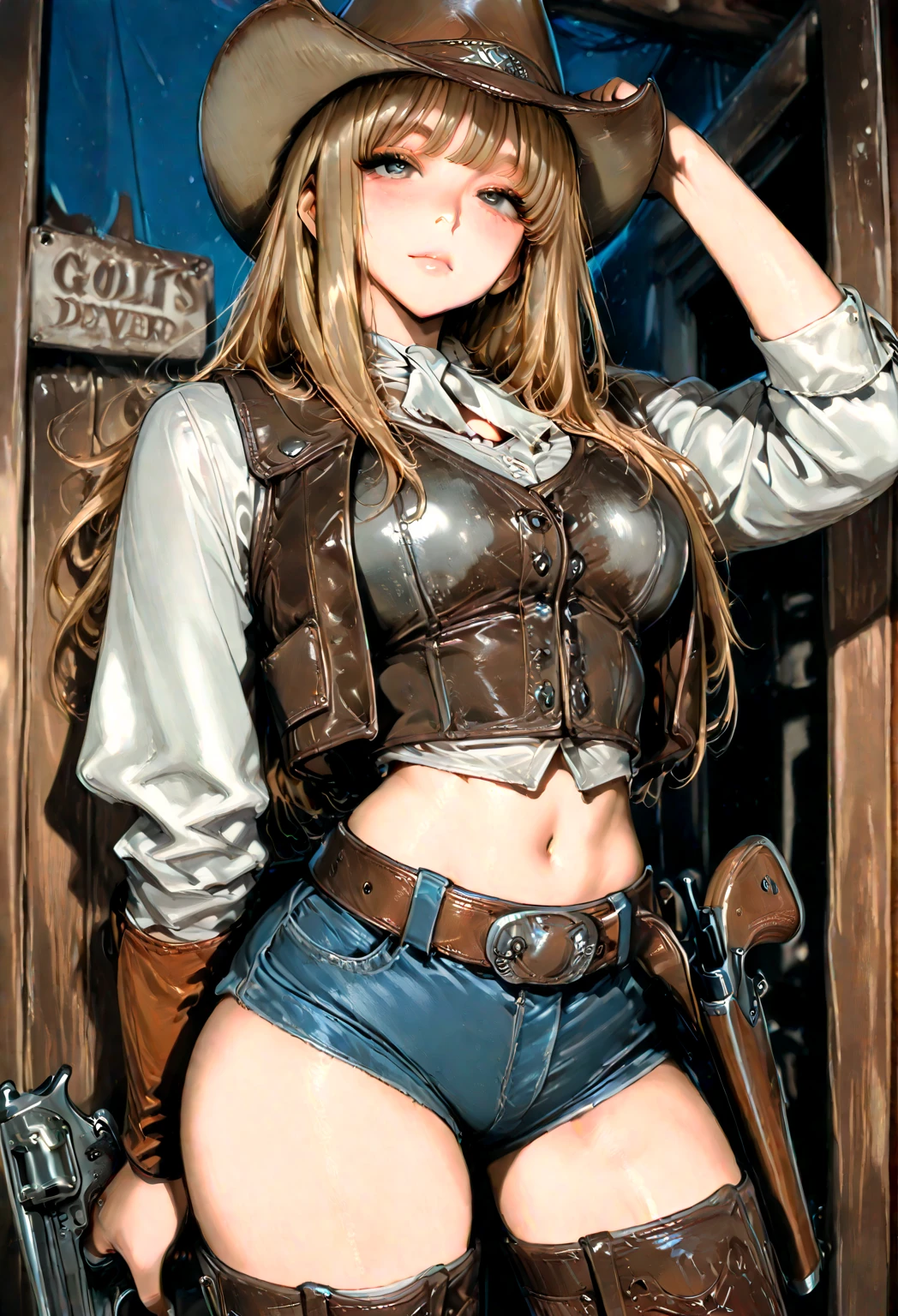 (((NSFW:1.8))),((Nude:1.8)))(((1 person:2.0))),(((naked:1.8))),(((Slim body:1.8))),(((Brown gun belt with holster:1.8))),((Brown cowboy hat:1.8)),((Wear a metal watch on your wrist:1.8))),(((Showing cleavage))),(((Exposed thin inner thighs))),(((Small breasts:1.5))),(((nakedの腕))),(((Her hair is brown))),((Blushed:1.2)), Beautiful detailed girl, Very detailed目と顔, 緻密でBeautiful Eyes, Very detailed, High resolution, Highest quality, masterpiece, Very detailed, 8k wallpaper, wonderful, finely, Highest quality,(Standing in front of a wooden wall),Beautiful Eyes,((Engage your audience:1.2)),(((Full Body Shot:1.8))),((Are standing:1.2)),((Put your right hand on your chest:1.2)),((Whiskey in left hand:1.4)),(((Drunk:1.5))),(((Drunk face:1.0)))