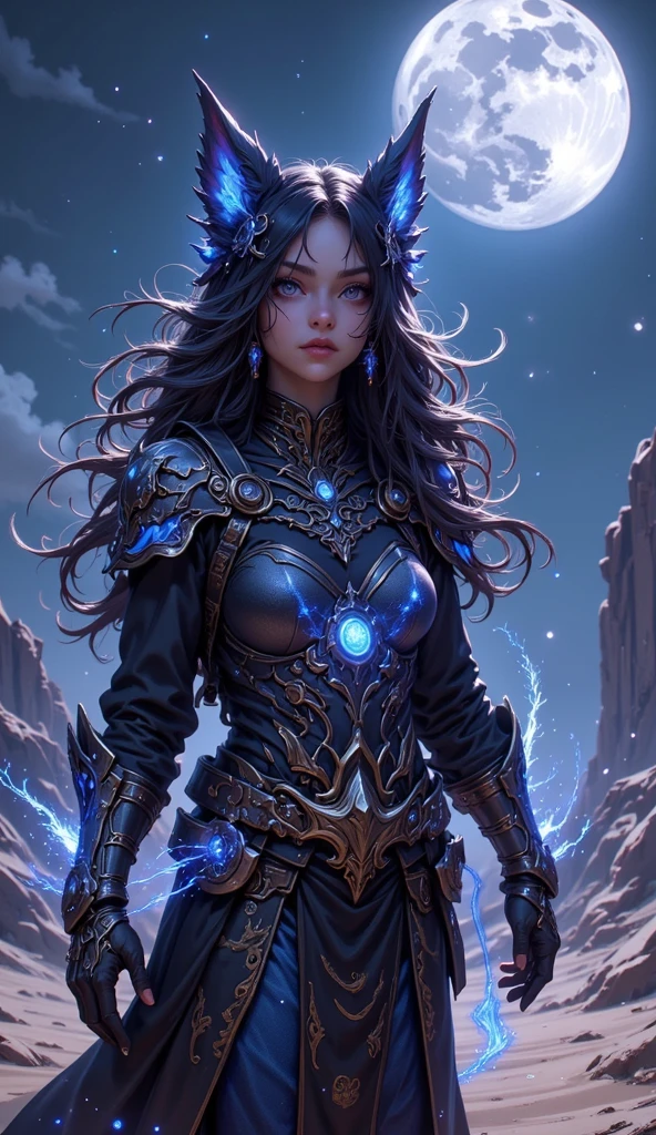 A woman in a form-fitting leather armor, intricately detailed with luxurious and futuristic designs, stands confidently in the foreground. Her cape billows behind her as she holds a blue laser sword. She leads a group of dragon riders through a desert landscape with large sand dunes under a sky filled with stars and galaxies.