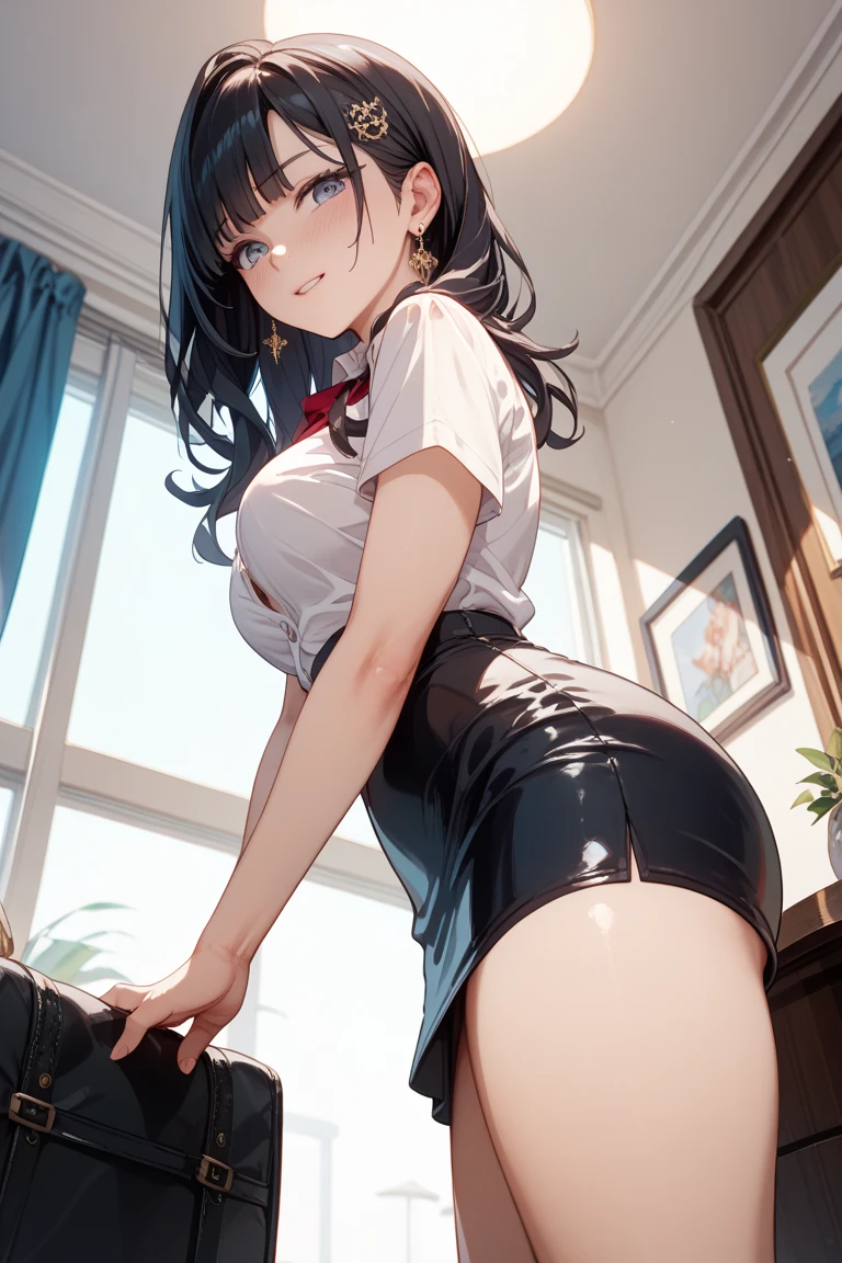 ((Best quality)), ((masterpiece)), ((highly intricate details)), 1girl, solo, smile, extremely detailed, highest detailed, teacher, high school, (ruler in hand), (slapping ass:1), looking at viewer,pink panties, microskirt, miniskirt, skirt, ass, sitting, solo, looking back, from behind, panties, desk, skirt, school uniform, thighs, school desk, ass focus, chair, wide hips, huge ass, class room, from below,