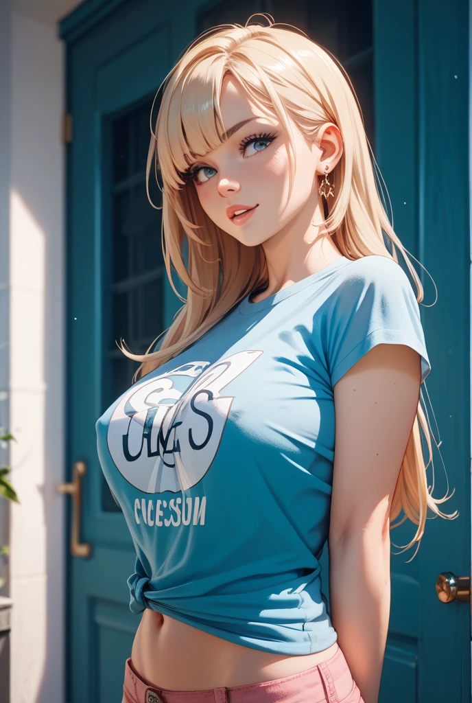 A sexy blonde girl, She is wearing a Paris Saint Germain shirt covering her breasts and denim shorts. Show her whole 