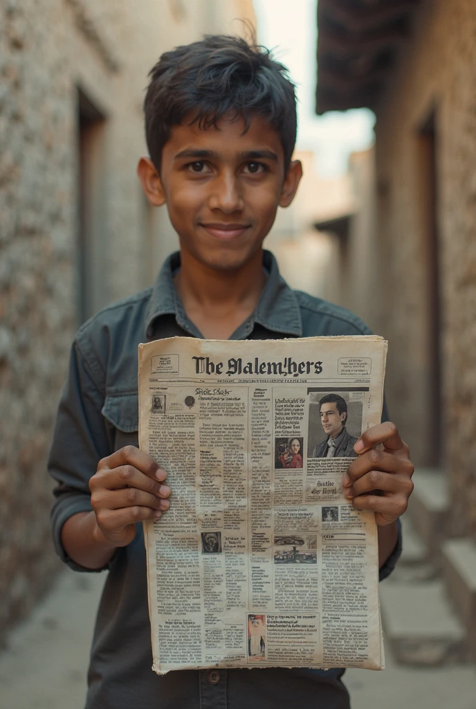 A 12-13-year-old boy in a dirty shirt is looking up at the sky, holding a load of newspapers in his arms. In front of him are tall buildings, and the shadow of a gentleman on the street.The picture will be taken from the back of the boy, no face of the boy will be seen in the picture