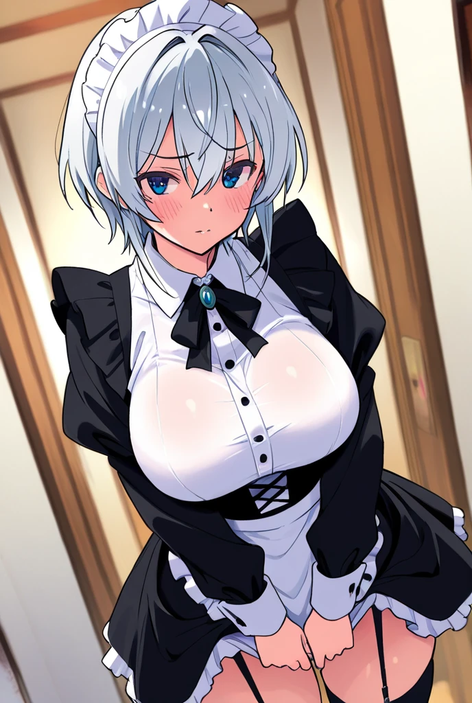 Mature woman, short hair, tidy hair, white hair, mature face, hot face, azure eyes, big breasts, curvy body, glossy lips, expressionless face, ((formal maid outfit)), (maid clothes), ((bedroom)), (lifting skirt), visible lingerie, cold stare, cold gaze