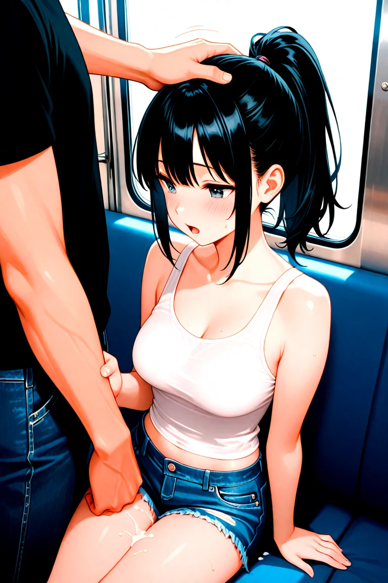 ((masterpiece,Highest quality:1.3,best quality illustration)),(realistic),having sex,man on top,cowboy shot,solo,1woman,25 year old beauty,brown hair,ponytail hair,long hair,bangs,brown eyes,(gorgeous big eyes),crying,tears,((very small head:1.3)),((very long body:1.2,skinny)),((tan skin:1.4)),medium breasts,Black leather double rider jacket、White tube top shirt、navel,vagina,sweat:1.3,vaginal penis,gleaming skin,slender body,sitting,toilet、Public toilets、station、New York City、nsfw,