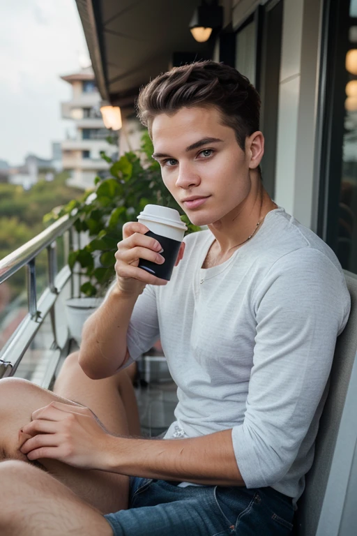 blond geogian man, short hair, sitting in the cafe