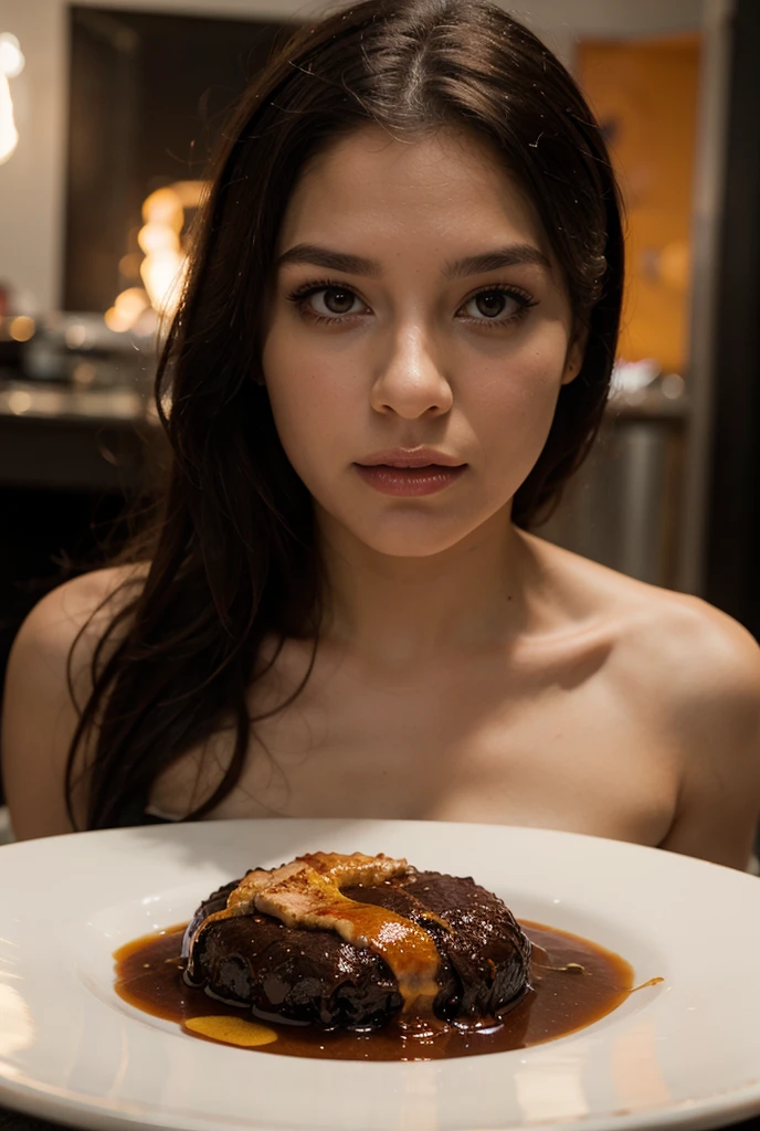 Brazilian woman with long brunette hair, red lipstick , naked at the candle lit romantic dinner. Hyper-realistic, photo-realistic, professional model, beautiful body... super sexy, perfect body, 8k, UHD,