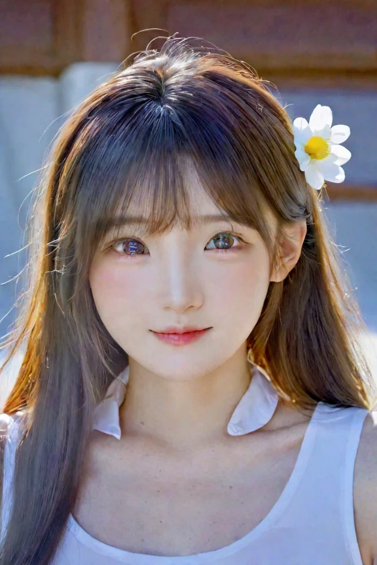 A girl walking along the river, Mix 4, sweater, pillow, lips, Open_mouth, Realistic, photograph_\(Moderate\), alone, Packed_animal, Packed_toy, Teddy_bear,(masterpiece),(photographRealistic:1.3), Very detailed, (Skin with attention to detail:1.2),(highest quality:1.0), (Ultra-high resolution:1.0), (Ulzzang-6500:0.3), Wavy fine hair, Long Hair, sunlight, (Beautiful and detailed makeup), (Sexually excited、Blushing、breathing becomes rough:1.0), Flower Theme Petals Scattered, (Flowers with a soft glow:0.5)、white hairstyle,A light yukata with a sky blue background and a white rabbit pattern。Yukata with a yellow obi。