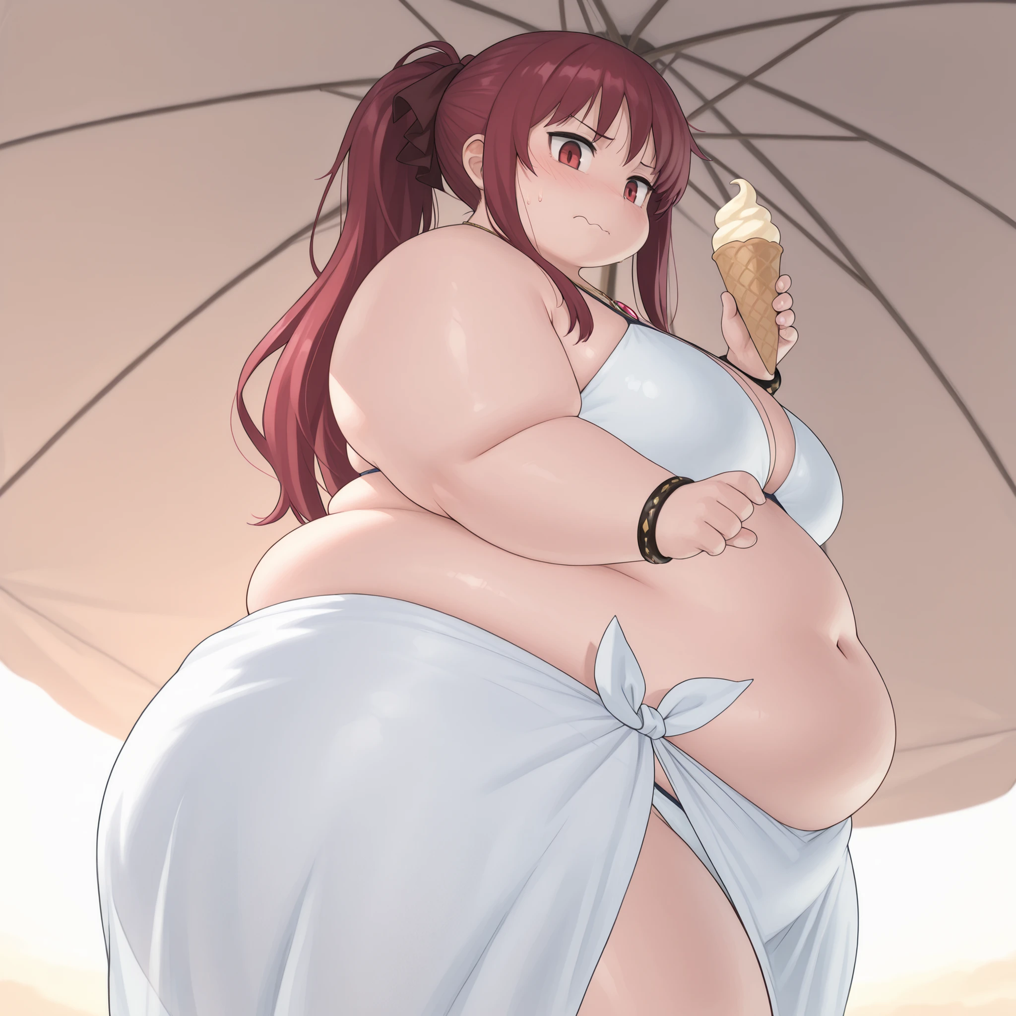(masterpiece, best quality, ultra-detailed, anime style, 1 girl, solo, highly expressive, Kyouko Sakura, red hair, long hair, ponytail, red eyes, unsure expression, sheepish expression, innocent, , soft lighting), shimmering as it catches the light.Her eyes are large and slightly wide, outdoors, beach, under shade, viewer pov, chubby, huge thighs, obese, thick arms, large breasts, thick arms, belly, ussbbw, good anatomy, perfect anatomy, wide hips, overweight female, morbidly obese, hyper fat, swollen face, , from side, from below:0.2, (nervous expression), holding ice cream cone, white bikini, small bra, white sarong skirt, long sarong skirt, necklace, arm bracelet,