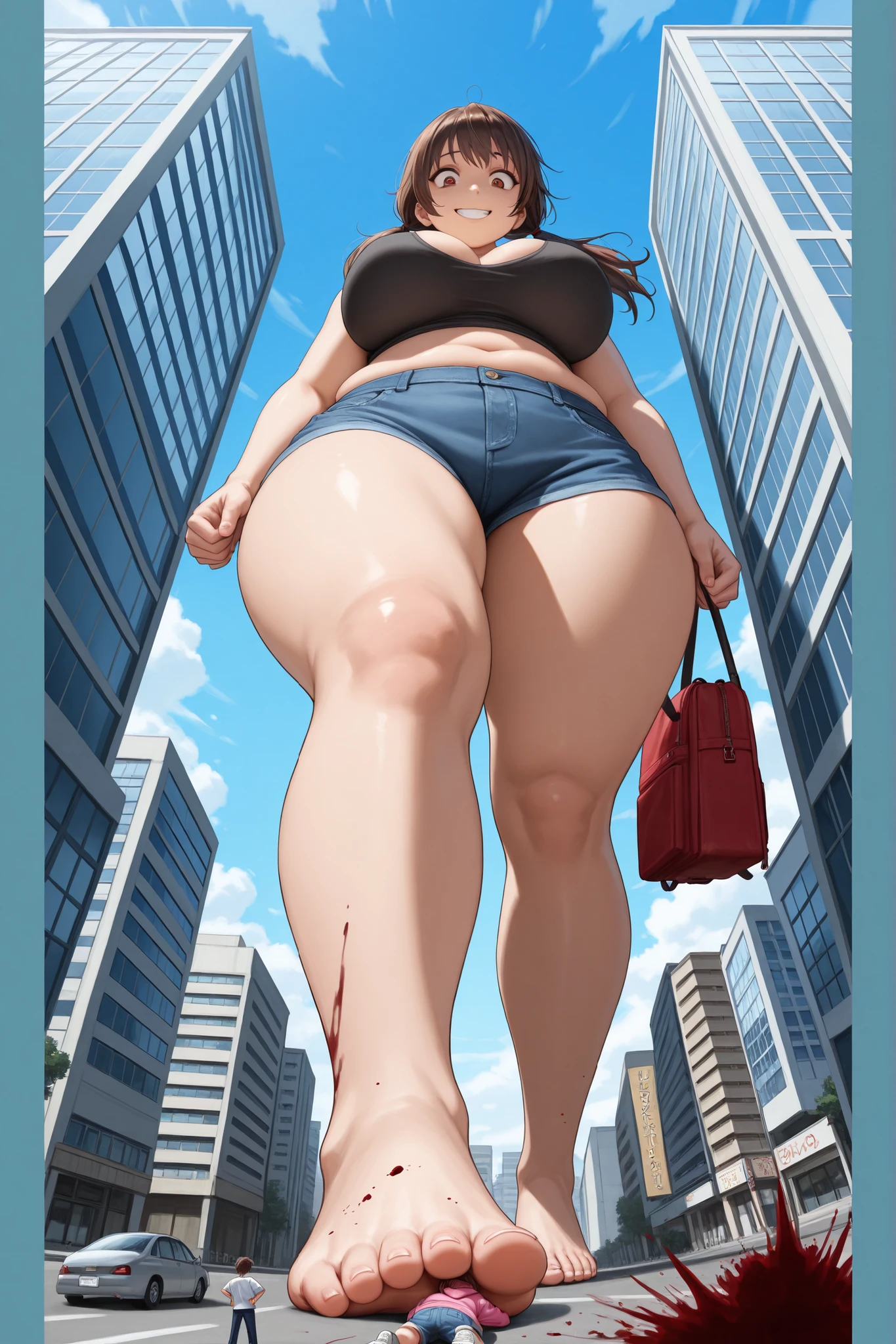 GTS, giantess, thong, bra, black hair, curvy, busty, laugh, evil, thick thighs, walking, stepping, rampage