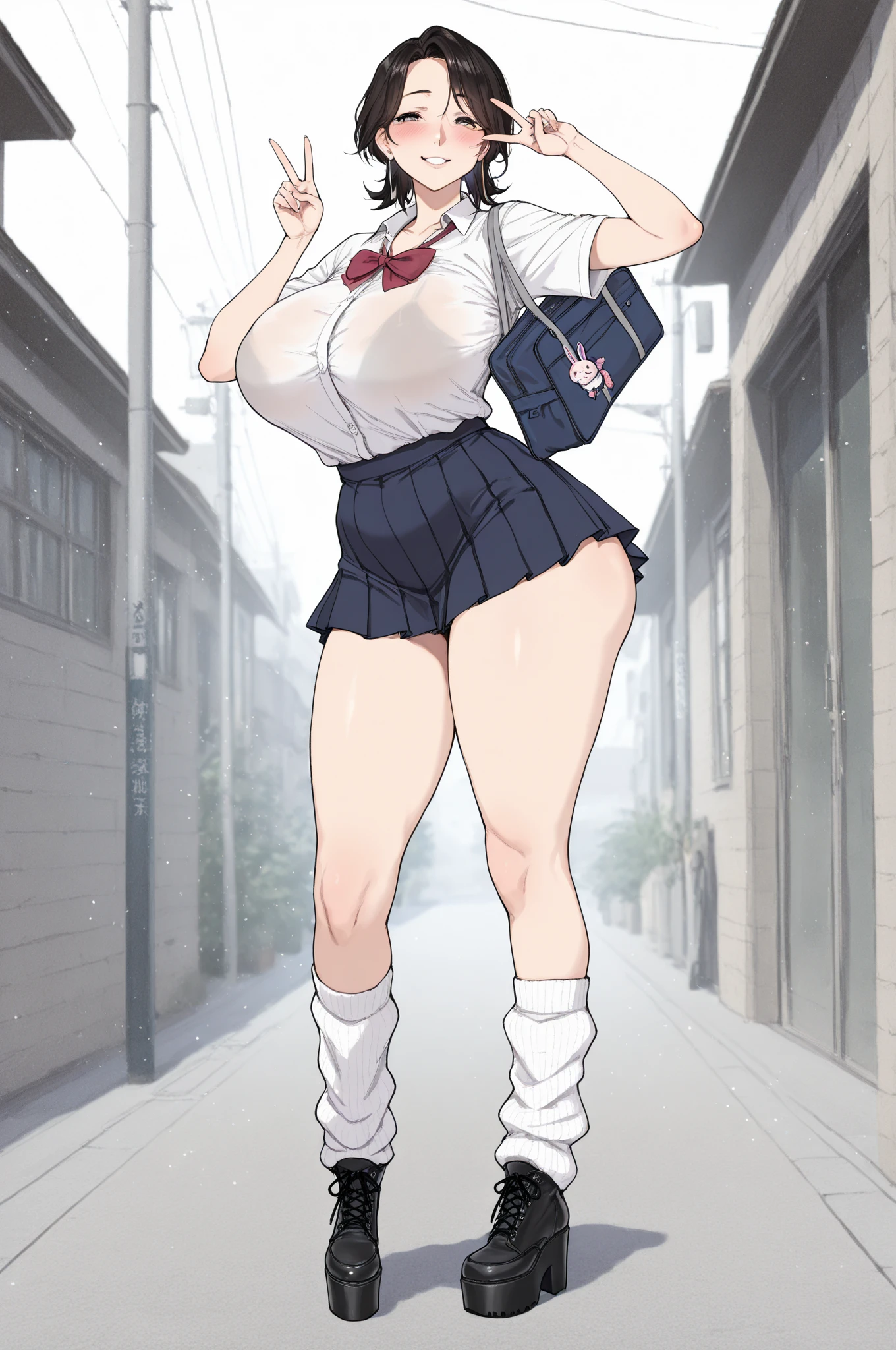 (masterpiece, best quality, high resolution), medium hair, blue eyes, glasses, silver hair with gold highlights, curly hair, gigantic breasts, white thighhighs, school uniform, full body, night sky, looking at viewer, smile, outdoors,shirt lift, standing solo, wind
