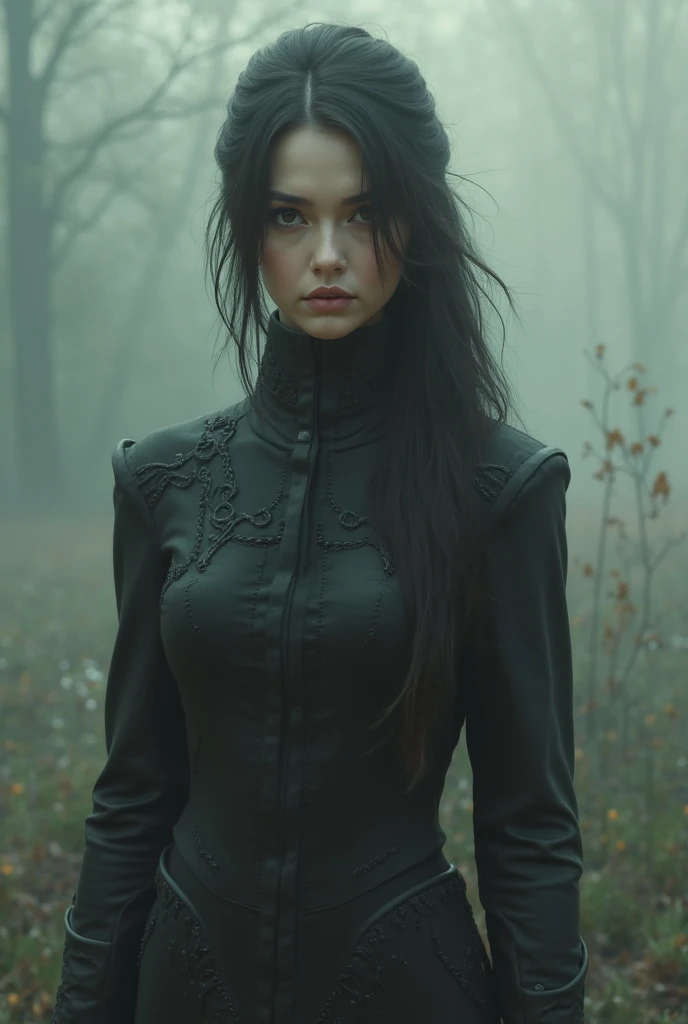 Fashionable of androgynous alien looking witch, glowing eyes, beautiful evil slavic muscular woman, pale skin, long hair, light smile, futuristic design, minimal details, givenchy, photoreal, 200mm, hd, f/ 2.0, sitting in a gloomy spruce forest, highly detailed, surreal , drop dead, in the style of red and blue, (intricate details, hyperdetailed:1.15) (skin texture:1.2), cinematic, professional, 4k, (((dynamic model pose))), full body, mesmerizing, dynamic, dramatic, sensual, dynamic pose, highly detailed skin with hair, subcutaneous veins, light and shadow play, highly detailed,24mm photograph, film, bokeh, professional, 4k,