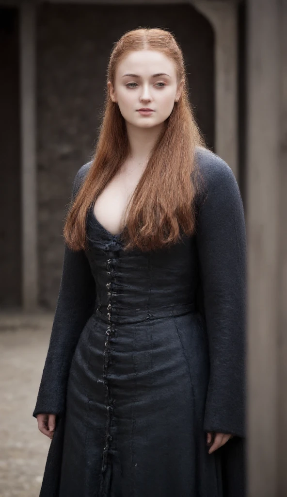 Face of Sophie Turner, Sansa Stark played by Sophie Turner, the de facto Lady of the Eyrie, is a 40-year-old mature queen with a stunning, alluring appearance. Full Face, pierced eyes, Big pregnancy body, reddish lips, upper body shot, erotic Mediaeval costumes, game of thrones costumes, She wears a Game of Thrones-inspired costume and has a deep cleavage, a perfect thick body, and a perfect thick figure. The photograph captures her in a close-up, with her skin texture and facial features being ultra-realistic and realistic. Breasts, Large breasts, Red Hair, High Resolution, Pregnant body, with babies