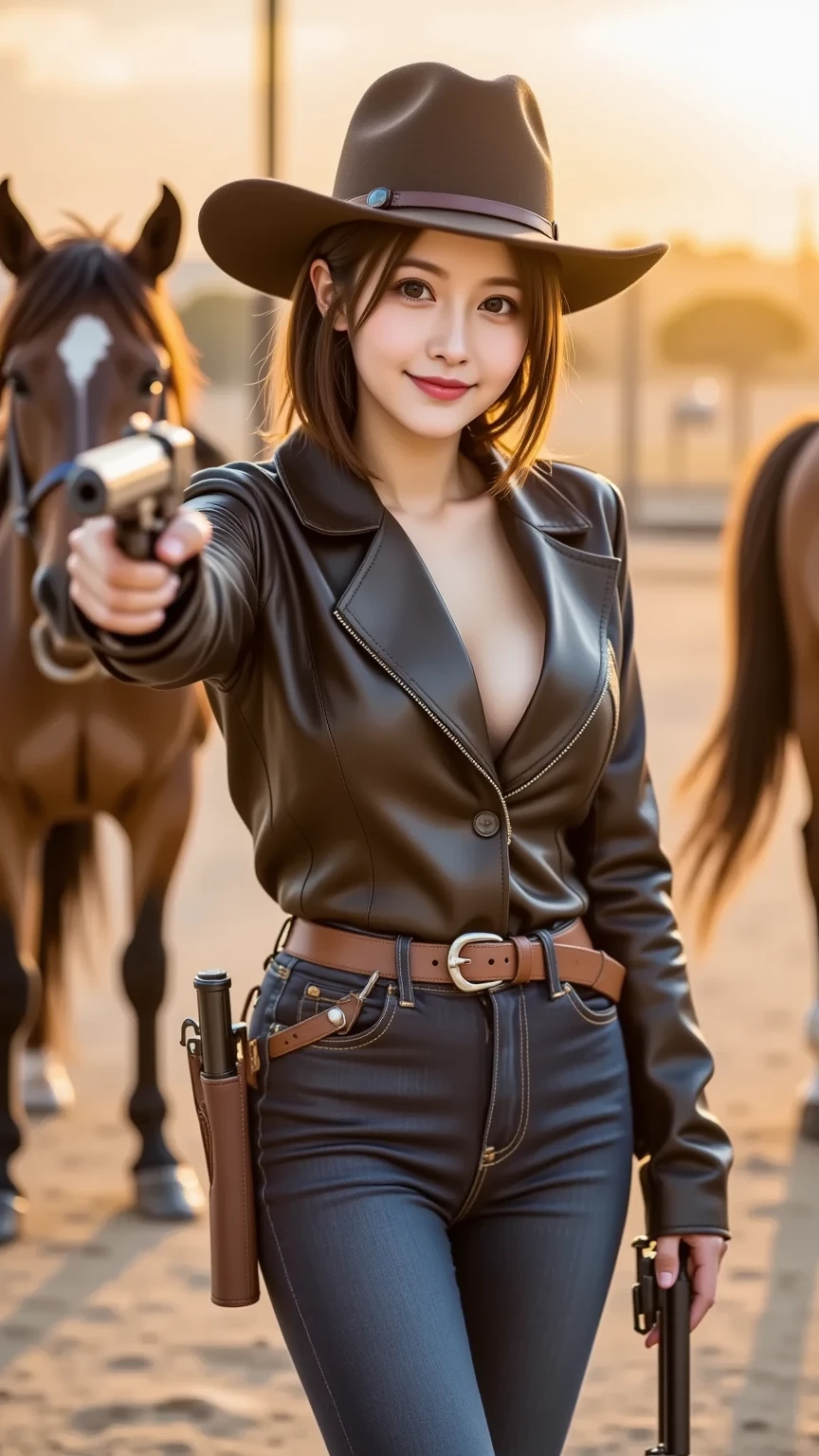 {{master piece}}A young women riding a race horse wearing a cowboy dress, flying shall,tight dress,wearing a hat resemplense of luffy ,{{surrounder by dust}} ,peaky nipple,8k,ultra detail,high quality,itracate detail and render, octane render, vintage