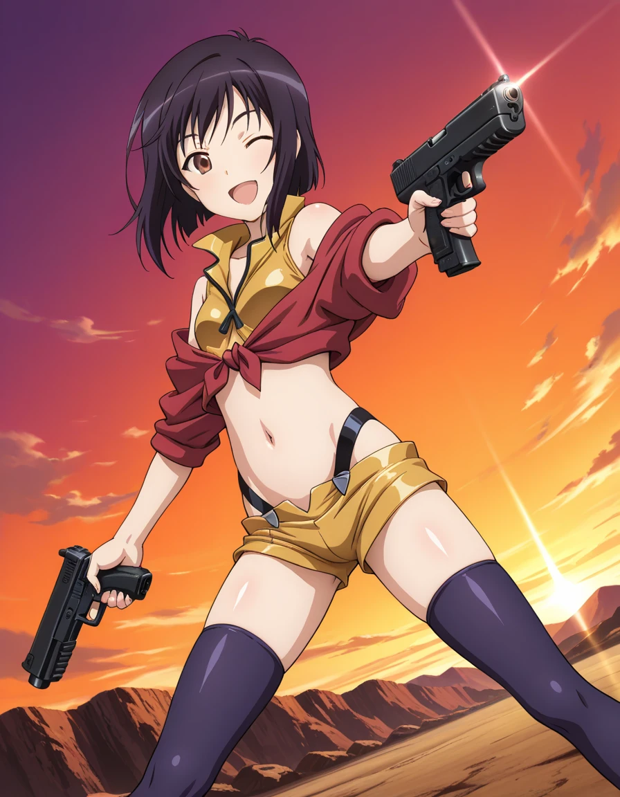 Highest quality, masterpiece, High resolution, alone, （Glaring Eyes），（Small breasts），first round，Mansuji，leotard，Completely naked，roar，((Dentitions)) ， (Japanese sword)，Iron Sword，thrust，Evening sky_background，Young Girl，Anime Style, Highest quality, 4K, masterpiece,， alone, 1,whole body，looking at the camera, Shinkai Makoto style, （red_yellow‗_coat）Sharp Eyes，Low posture，（Full Finger）, （Accurate fingertips）, （The finer details）, （Anatomically correct）, (映画のbackground), Hyper Detail, (Subtle details), (Intricate details),