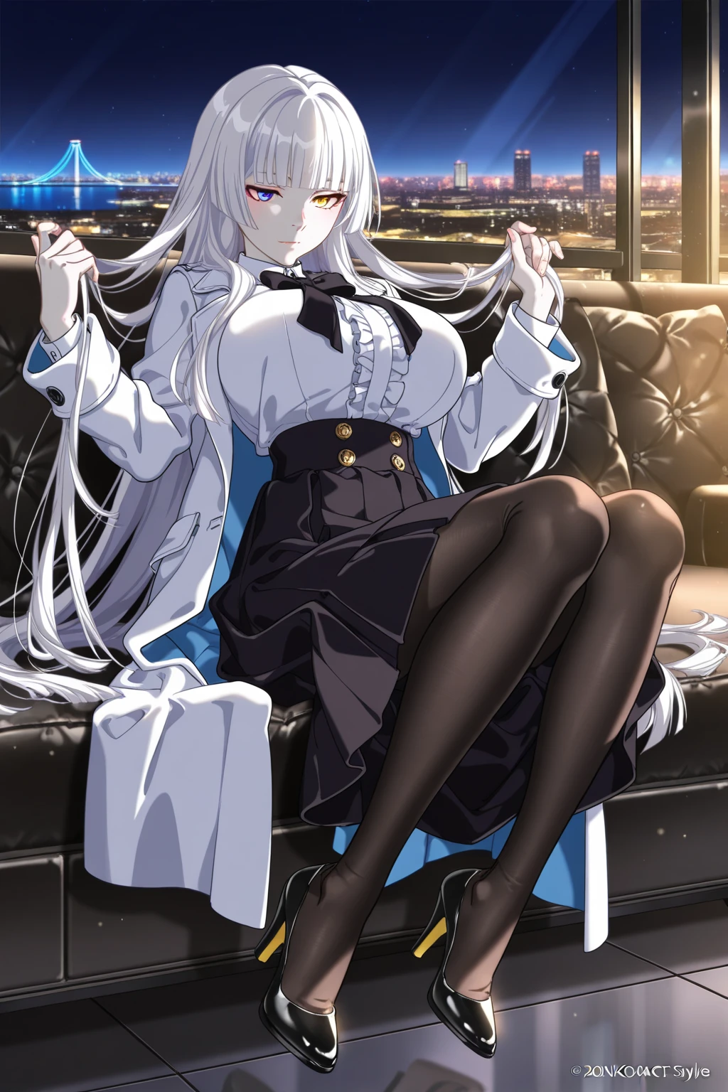 (masterpiece, best quality:1.2), 1girl, solo, Sonata, vampire, purple hair, white leggings with under neck boots, white background