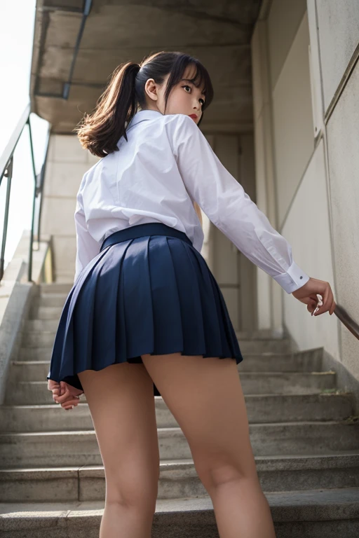 (masterpiece:1.3), (8K、photorealistic, Raw photo, best quality:1.2), (solo), (1 girl), (so beautiful:1.3), ((very beautiful 18 year old japanese girl)), (Symmetrical perfect face), (beautiful brown hair, bangs), hair is messy, (intense black eyes, strong eye highlights, realistic eyes, beautiful eyelashes), (wonderful smile, cheeks are red), (Accurate and natural normal size breasts), perfect anatomy, (high detail skin: 1.2), Photorealistic anime girl rendering, Realistic anime 3d style, dynamic angle, perfect body, (sailor suit), ((white short-sleeved shirt with a navy collar, girls high school uniform, Plain pleated skirt in dark blue, navy blue bow tie, white knee socks, black leather shoes)), (Luxury white silk bra and panties), accurate arm, five fingers, accurate legs, refreshing morning, (Beautiful Landscape Background), (Outdoor stairs in plateau tourist destination), Angle looking up from the bottom of the stairs, Very embarrassed, panic smile, turn around, leaning forward, ((The wind flipped my skirt and exposed my butt...................., think back, silk lace panties, shiny thighs)), volume lighting, soft light, bright, neon, Bright colors