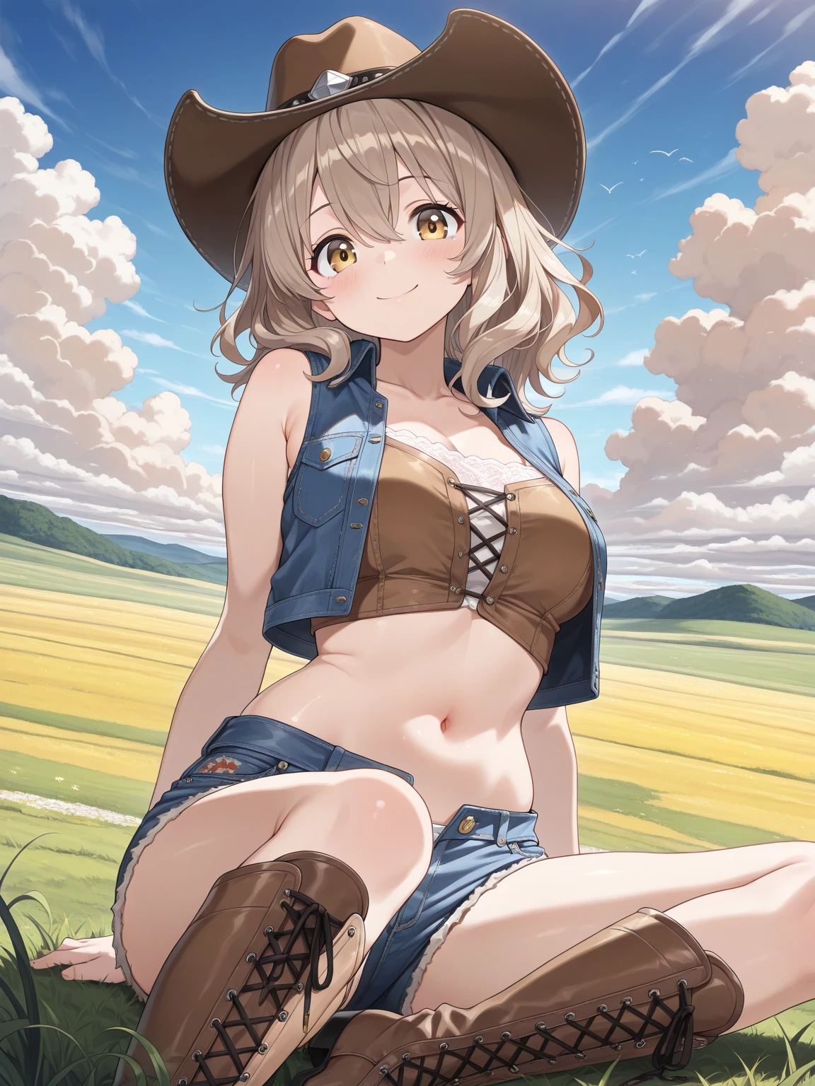 hitenkei style, claude monet style, oil painting, grain farm, iowa, tractor, ((topless)), nsfw, masterpiece, summer, 1 girl, erect nipples, intricately detailed, navel, bare shoulders, brown hair, necklace, cowboy hat, scenery, extremely detailed, bare breasts, puffy nipples, blue eyes, bare stomach, soaked, medium breasts, wrist watch, teen, soft eyes, smiling, armpit, sweaty, happy, half open eyes, lusty eyes, blushing, long hair, 1 ear visible, side bangs, sleepy eyes, large nipples, lifeless eyes, full body, denim shorts, hotpants, scenery, grain silo, huge nipples, long nipples, slim waist, saggy breasts, haystack