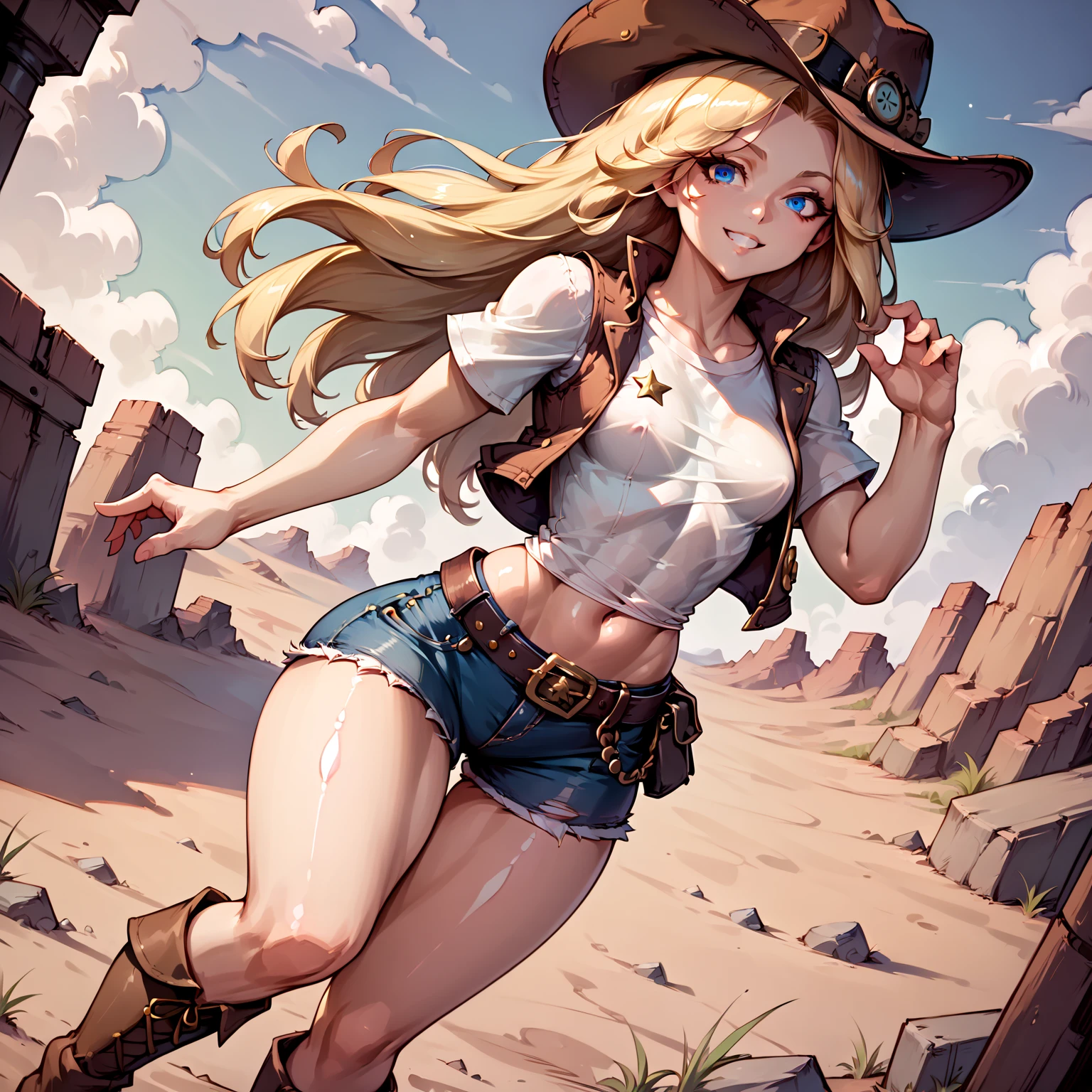 1girl, solo, cartoon, illustration, (masterpiece, best_quality, ultra-detailed, immaculate:1.3), blonde hair, wavy hair, huge butt, big ass, <lyco:GoodHands-beta2:.25>, epic, illustration, green eyes, beautiful detailed face, huge butt, <lora:cowgirl_outfit_v0.1a:.5>, cowboy hat, brown cowboy boots, brown vest, tied shirt, midriff, tight jeans, bandana, <lyco:EnvyThiccMix05:.5>