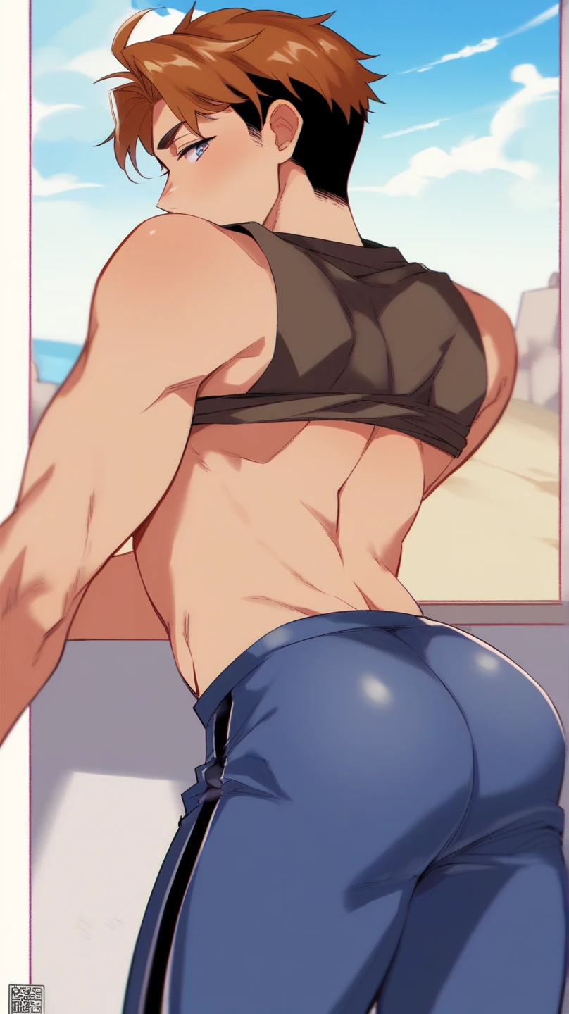 1boy, wolf ears, wolf tail, short fluffy red hair, red eyes, slim waist, ultra masterpiece, shirtless, sweatpants, living room setting, smile, big thighs, seductive, blush, big butt