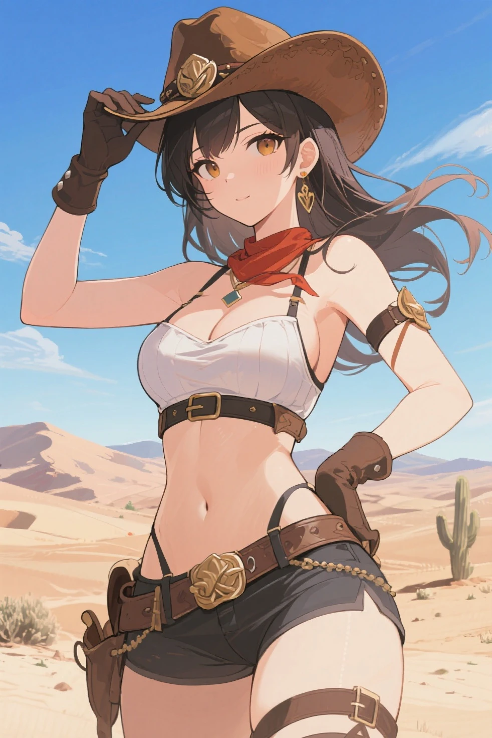((in a desert:1.5)), a matured woman with long hair and a white outfit, (resting in oasis:1.2), Arabic, Post apocalyps, from arknights, artwork in the style of guweiz, bodyesbian, fine details. girls frontline, beautiful anime illustration, from girls frontline, by Yang J, stunning, 26 years old, (solo:1.5), (sfw:1.25), sagging breast, large breasts, big tits, thin waist, big ass, Raised sexy, (dark mahogany medium long hair, updo, hair over one eye, asymmetric hair, Carly hair, low tied),(musulman, Headscarfs, hair bands, head vandage, Turban), (ultra high resolution, 8K RAW photo, photo realistics, weak outline:1.3, clear focus), best qualtiy, natural lighting, blurry back ground, field depth, (Bright pupils, detailed beautiful eyes, high detailed face), Red lip, looking at viewers, (tight focus:1.2, from below), sexy posing, seductive weak smiling, center image, (wearing white long jacket and clothes, wearing short pants, gold ornaments, white clothes rolling around waist, camel-brown long leather boots, translucent lace pantyhose), ((correct anatomy:1.5)), ((outdoor:1.2)),