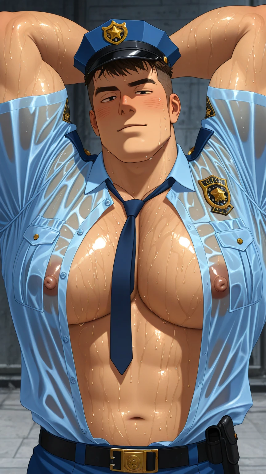 masterpiece, highest quality, High resolution, 1 girl, Hamriz, ponytail、brown eyes,big 、uniform, Blue jacket, Blue pants,, covered navel,inside the room、muscular body、blush、アニメ、(((NSFW、Large areola、Medium sized breasts、balls_deep,deepthroat、irrumatio, hands on head、penis、male、Kneeling、Side view、fellatio、Sweat)))