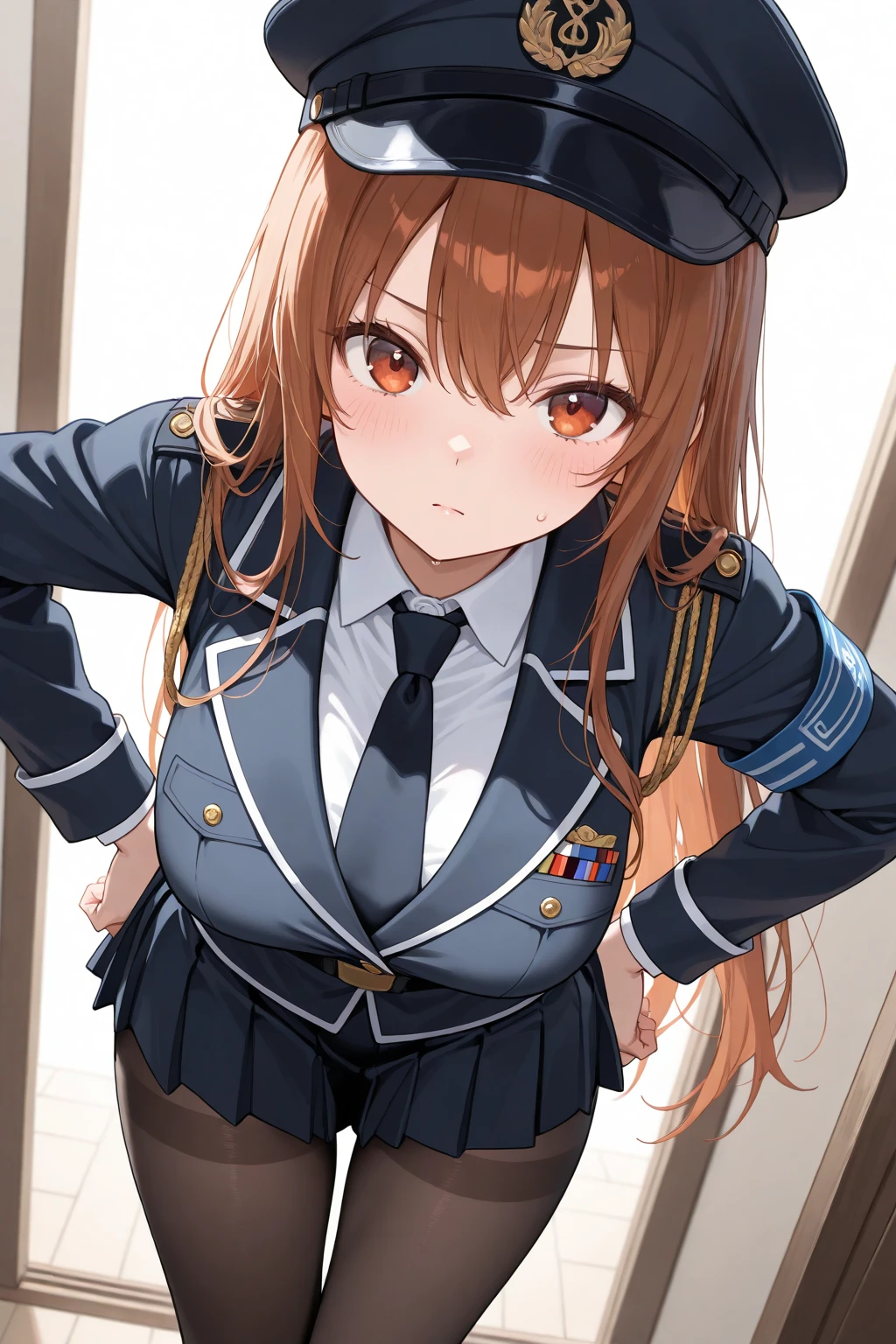 A girl who wears military clothes, brown heirs, gigantic breasts, anime cartoon, german third reich, long heirs,((highest quality)), ((masterpiece)),details, bleu eyes