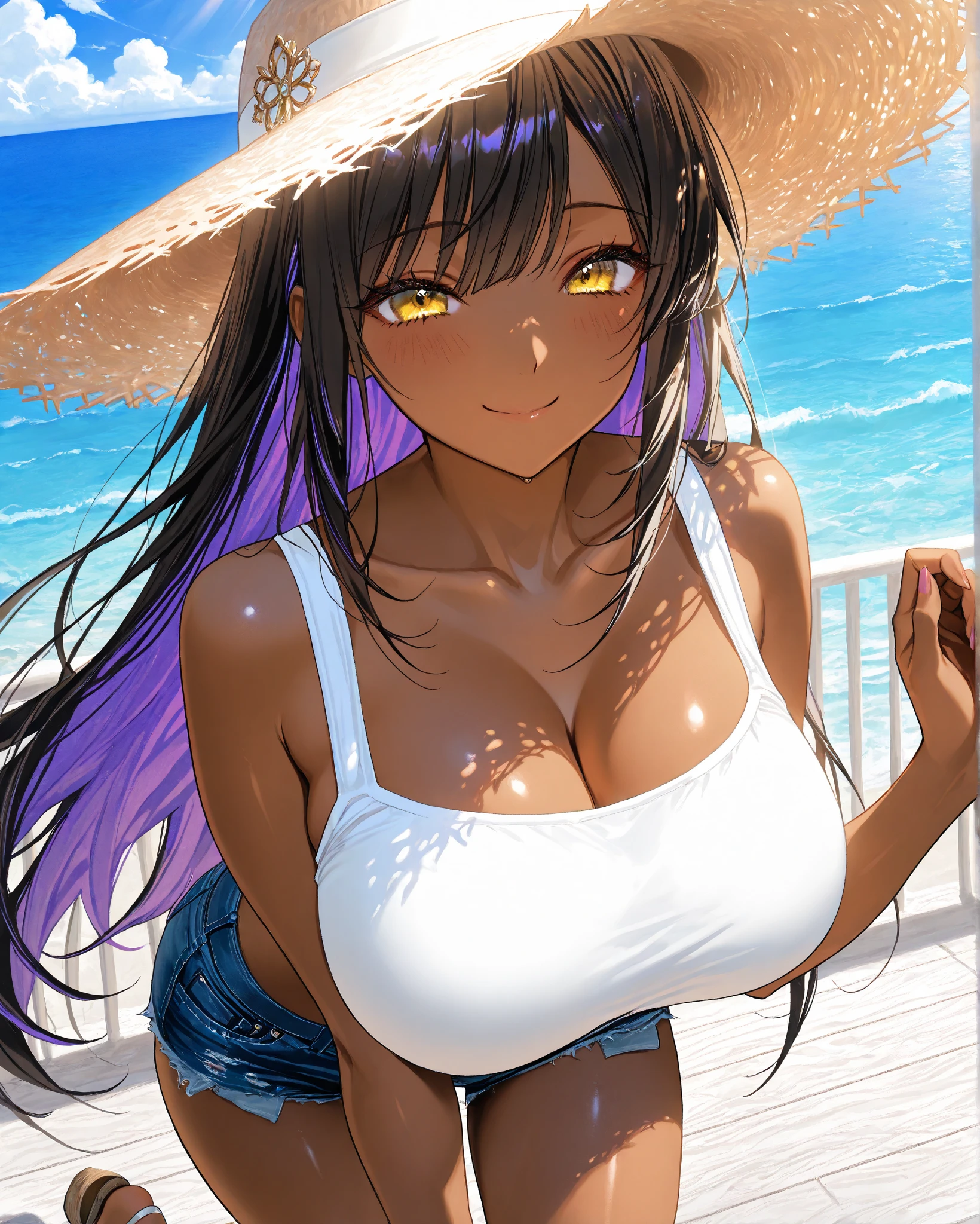 absurdres, high res, ultrasharp, 8K, {masterpiece}, expressive eyes, extremely detailed, best quality, perfect face, yoruichi shihouin, long hair, (yellow eyes:1.5), ponytail, purple hair, dark skin, dark-skinned female, large breasts, pleased, beach, monokini, sitting,