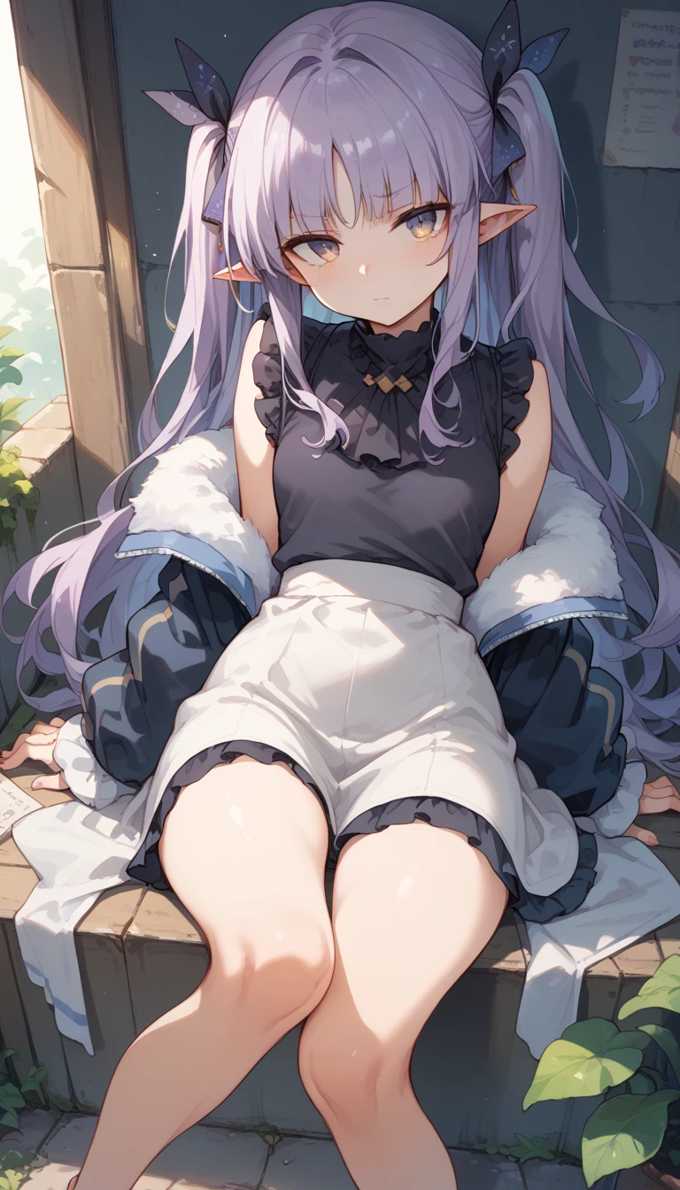 1girl((a girl,elf 1.5meters, 25kg,18 years old female, 
((tunic,poncho,(loose pants,bloomers),thigh-high socks, sandals),　（（eat soft serve ice cream））
