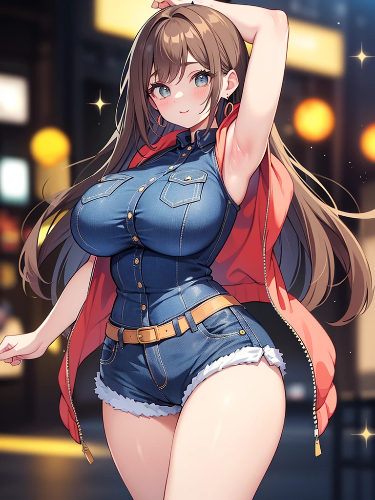 woman((20 years old)), Body hair((Wavy, Brown hair)), eyeball((The Eye of Wisdom)), Accessories ((Body hair ornaments)), Ponytail, Big , Cleavage,Huge breasts, Korean Makeup, Smile, amusement park, fountain, Huge breasts, bursting Huge breasts, Skin detailed, Large breasts, Wide hips, Plaid Mini Skirt, whole body,pantyhose