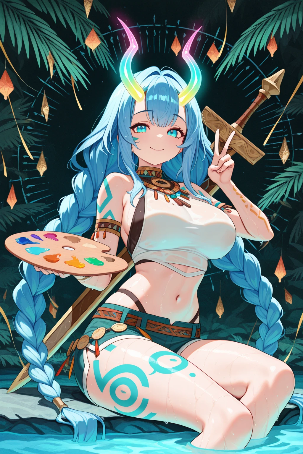 (dance:1.5)、(Hide your hands behind your head)、(Fairy、Voluminous wavy hair with a red and blue gradient.)、(Completely naked:1.3)、((Huge breasts:1.3)、Camel toe、Wide Hips、Thick thighs、curve、Plump、Are fat)、(Covered in giant iridescent floral tattoos:1.5)、(Giant iridescent floral tattoos all over the body:1.5)、(NSFW:1.5)、(colorful flower crown、Colorful flower necklace、Colorful flower bracelet)、((A giant rainbow in the night sky:1.5)、Many flowers bloom in the background、A multitude of colorful flower petals floating on a puddle.)、Shooting from below、Close up on crotch、(Bitch、Prostitute、Slut)