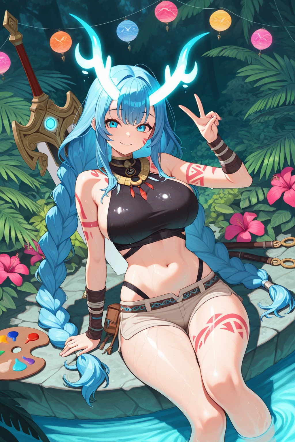 1 girl, dusk \(arknights), arknights,(Masterpiece, Best Quality), The newest one,  turquoise bikinis, The original lasts, , by nyantcha, black fur, horns, por omone shopping agm, white dragon tail, evening,desert, orange eyes, turquoise scales on arms, 