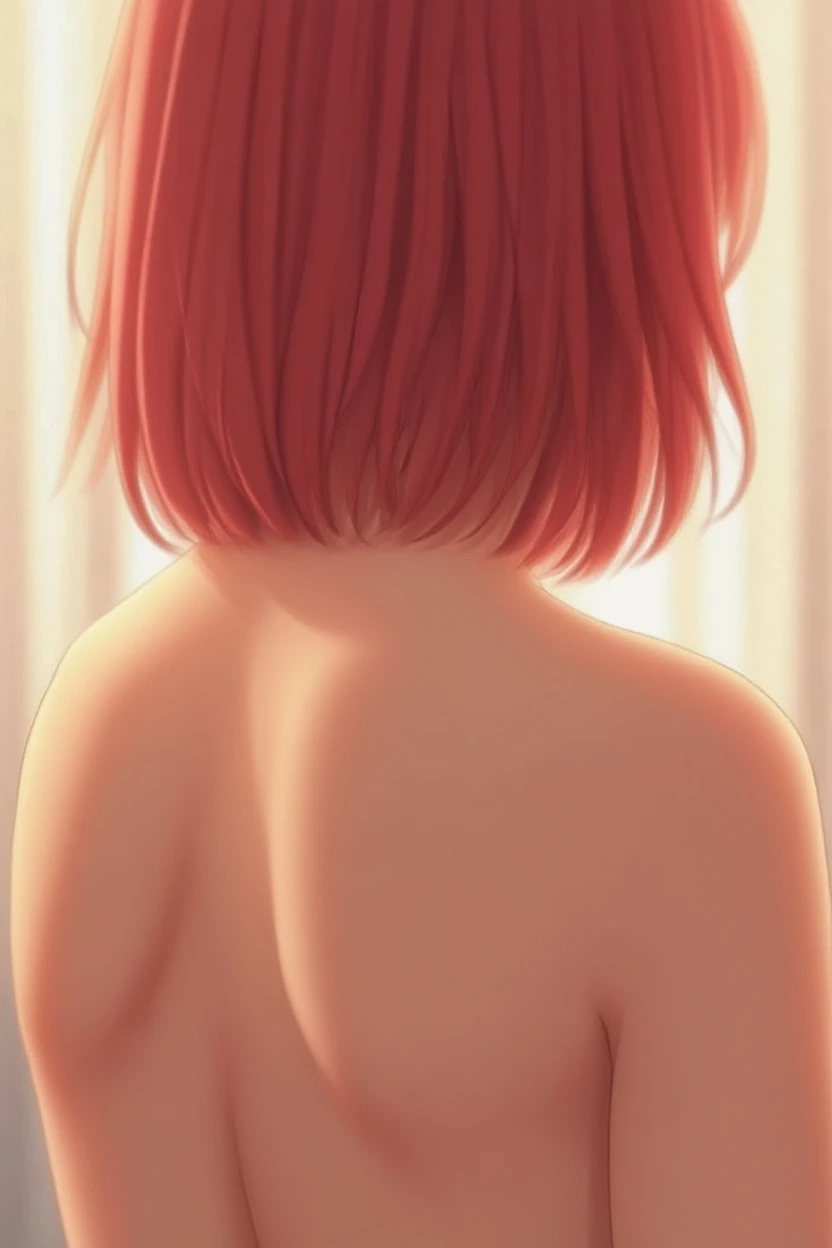 embarrassed, 1 girl, blush, wavy mouth, sweat, Red hair, square haircut , short hair, взрослая woman, high, blurred,woman, full-face blush, blurred background, shirt, (embarrassed), ((Naked)) ,Big breasts, ((side view)) , Spectator between legs, detailed crotch , ((hands behind your head)),((Raise your hands)) , ((view from the back:1.2))