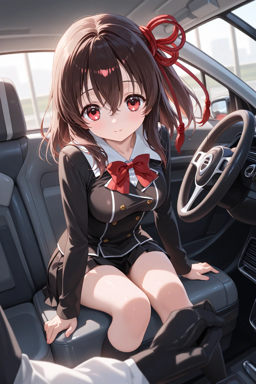 (1) A woman is getting out of the driver's seat of a red luxury sports car.. from a sitting position, she opens the door and puts one foot out. when she does, her red panties are almost visible.
(2) That woman has long brown hair..
(3) That woman is the president of the company、wearing expensive clothes。, A flashy white suit with a frilly shirt inner.
(4) she is smiling.
(5) The location is an underground parking lot of a luxury condominium..
