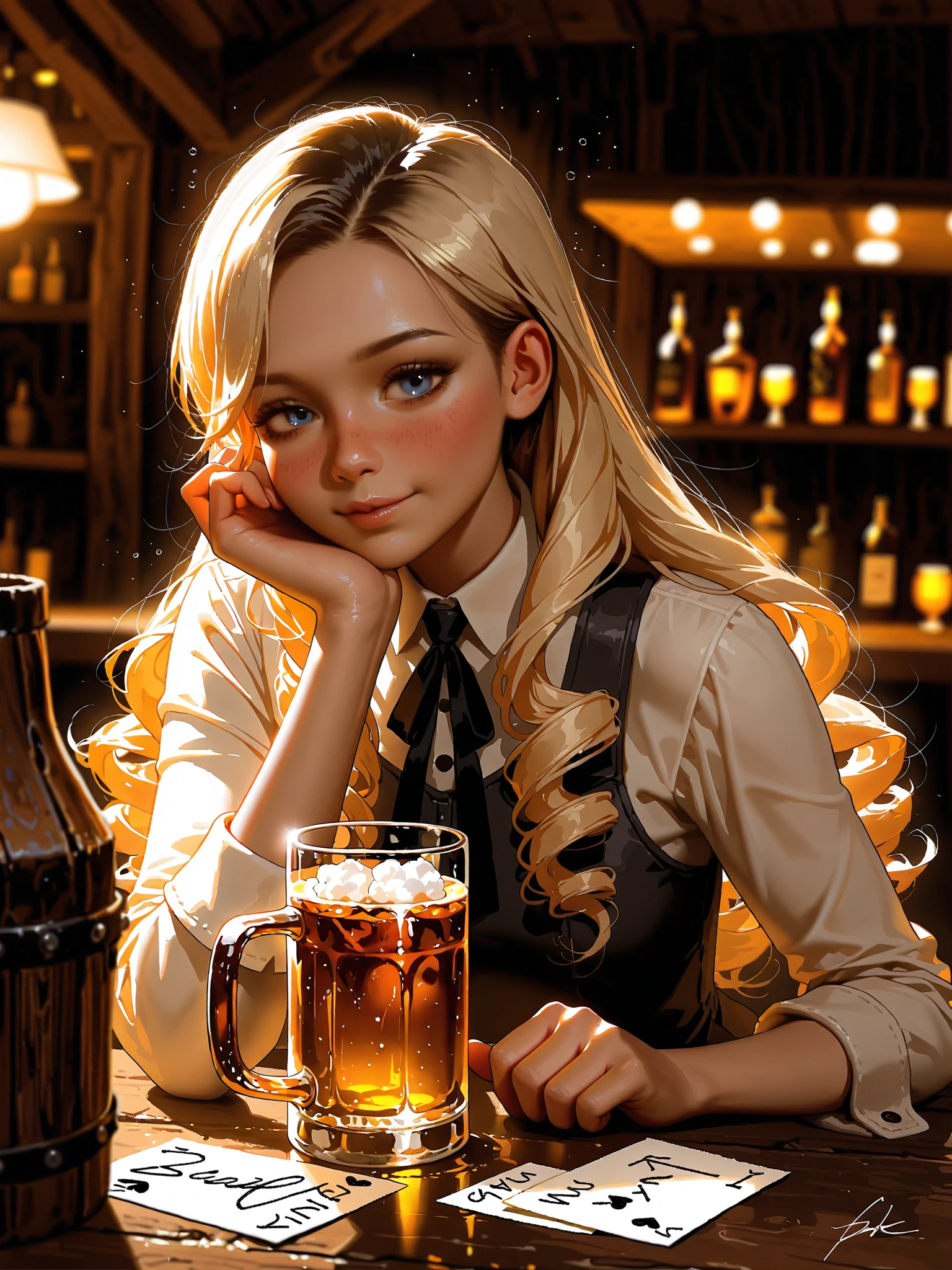 woman in the anime style, sensual, wearing Dutch dress in the style of Rock, with mug of beer in hand, blonde hair looking Dutch, in a country setting as in the Witmarsum Colony. The outfit is a very important detail in this image, and I would like it to have a print that shows playing cards, with the suit of sticks