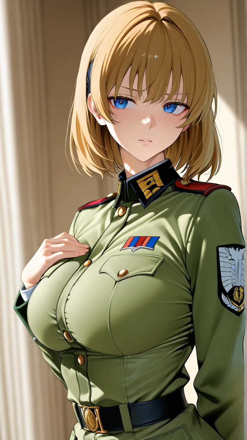 score_9, score_8_up, score_7_up, source_anime, 1girl, solo, boob window, detective duit, detective clothing, crime scene, beige detective suit, no bra, big tits, standing,   hellsing, seras victoria, front view, looking at viewer, suspicious gaze, arms behind back, blue Eyes