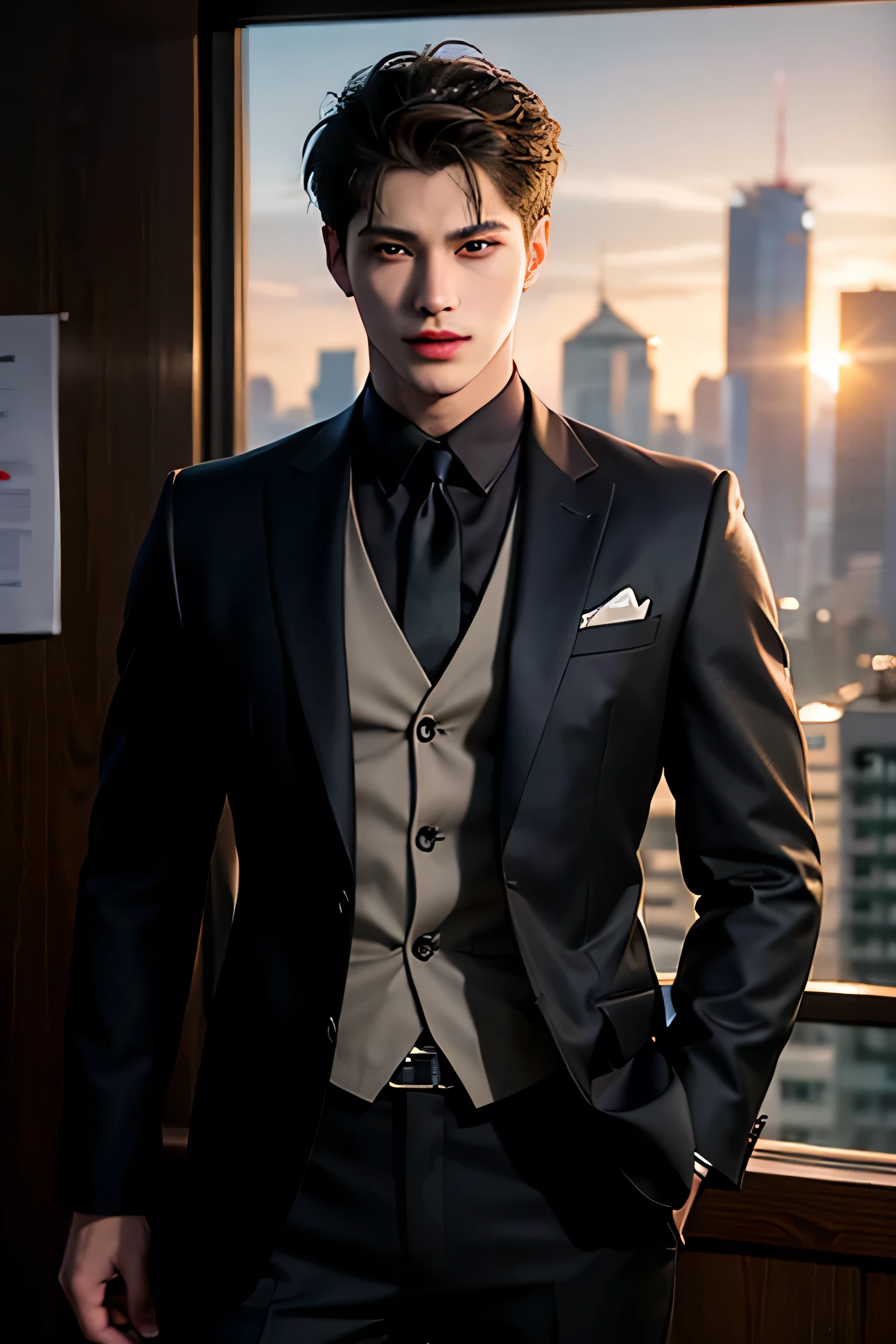 Handsome Latin Man Glamor Modern Fashion Suit Haute Couture Black Lace Suit Athletic Sexy Black Lace Pop Star Bare Chest Transparent and Tulle. tight pants showing muscles