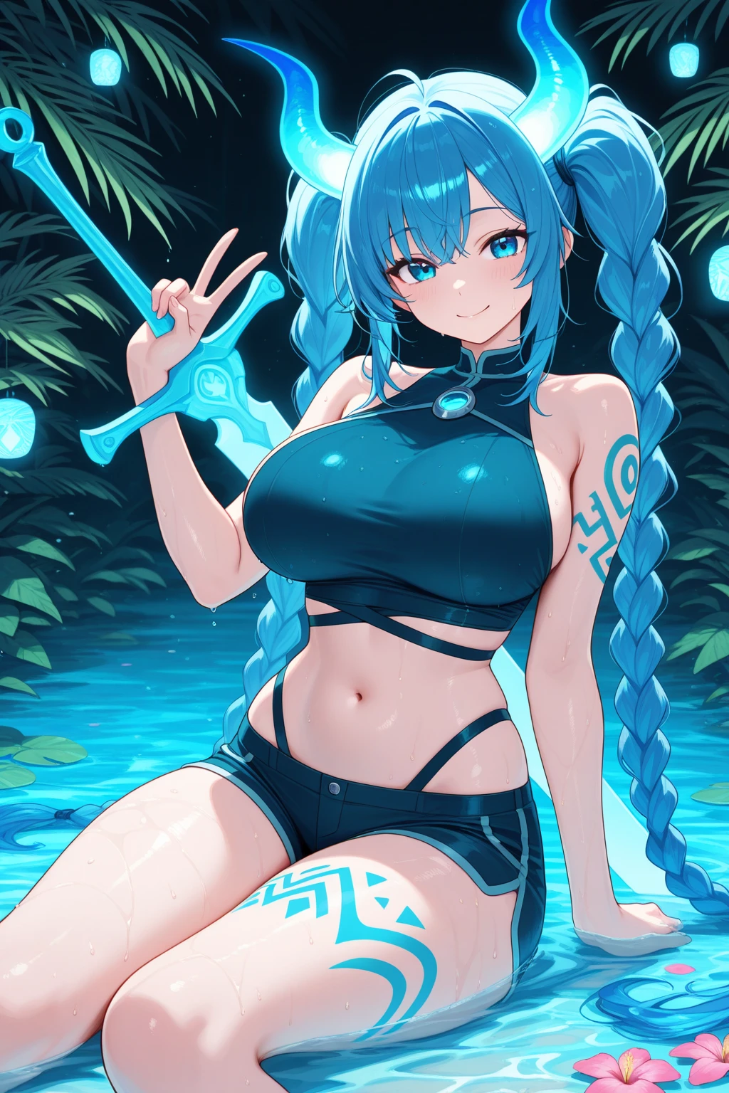 8k, full body shot of woman in a Dungeon in zelda breath of the wild, blue eyes, blue hair braided hair, XL bust, Unreal engine 5, Anime, Game, masterpiece, looking at viewer, smiling, de facing spectators, holding guns.